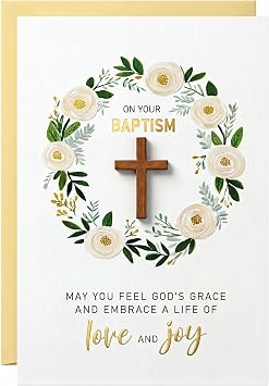 Baptism Card - Real Wood Cross Premium Thick Cardstock Baptism Card Religious Gifts for Boys Girls Adults, 5.5x8in with Envelope and Sticker