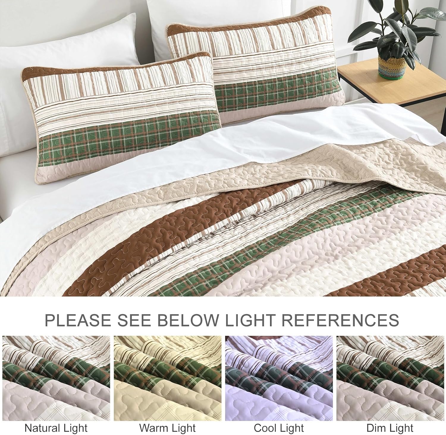 DJY Striped Quilt Set Queen Size, Boho Brown Green Striped Bedspread Coverlet Set Soft Microfiber Patchwork Quilt Bedding Set 3 Pieces for All Season(96"x90") - Image 5