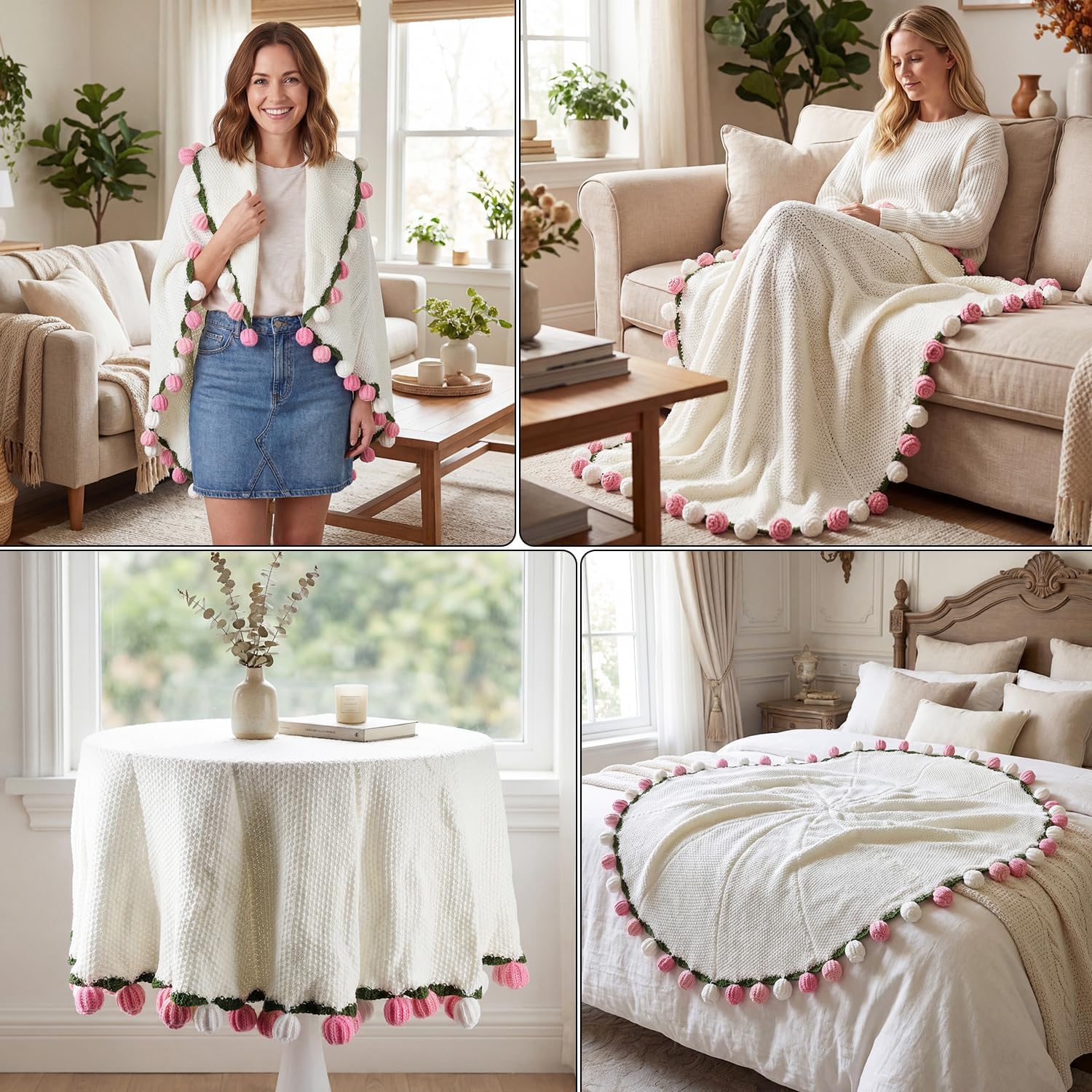 Tenn Well Crochet Bouquet Blanket, Gifts for Mom Daughter Grandkids Her Wife Girlfriend, Soft Knitted Throw Blankets,Housewarming Gifts for Birthday Anniversary (Pink and White Roses)