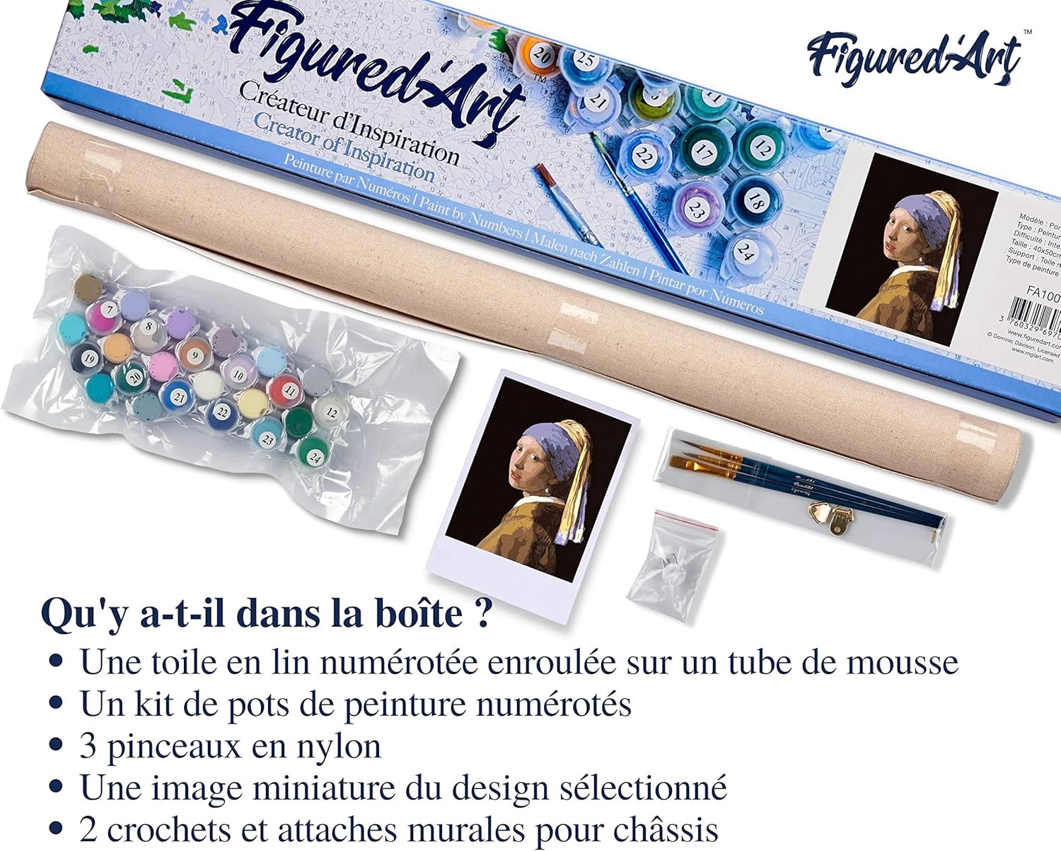 Figured'Art Paint by Numbers for Adults Vermeer Girl with The Pearl 16"x20" - Craft Art Painting DIY Kit Rolled Canvas Without Frame