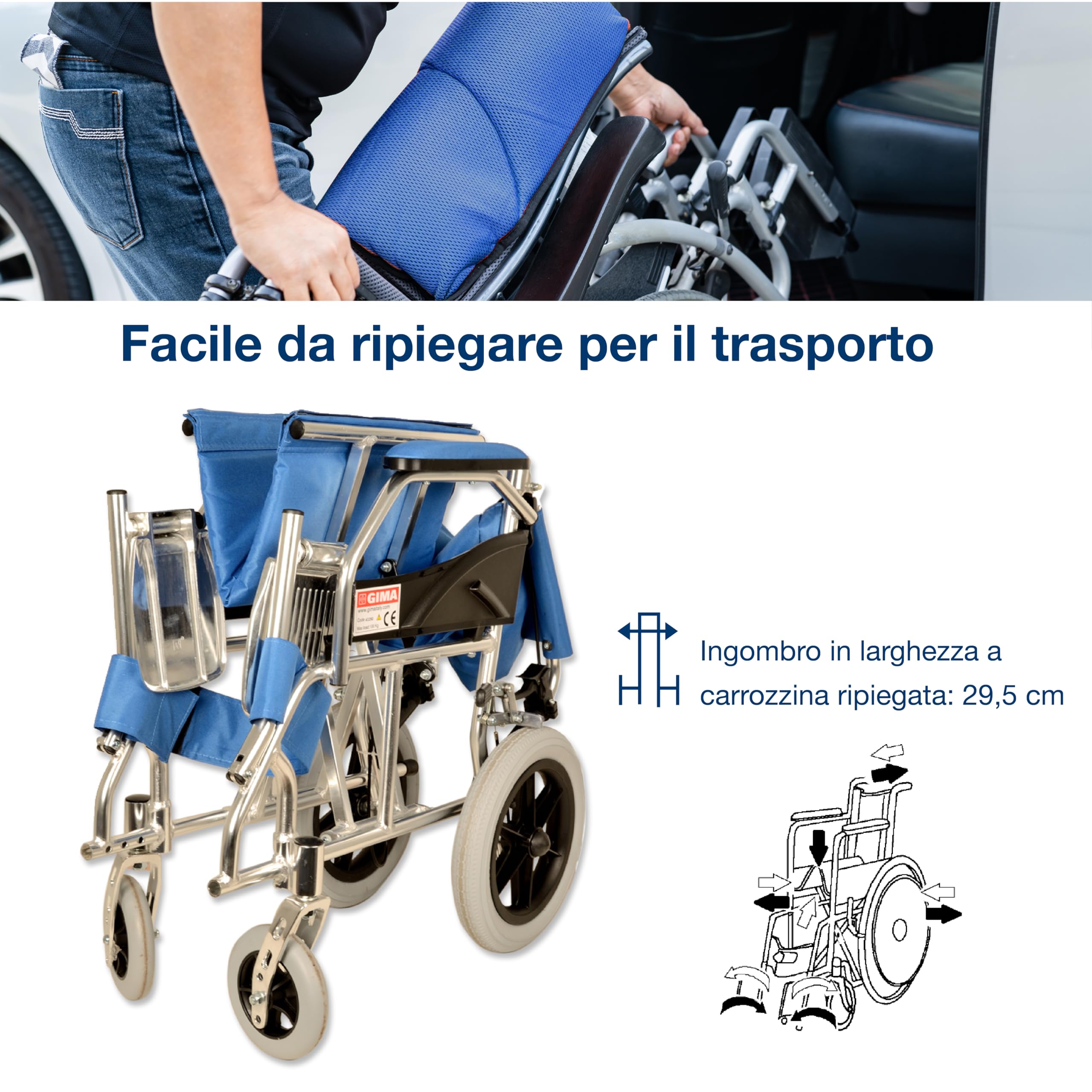 GIMA ref 43250 Silla de ruedas modelo Queen de aluminio, tela azul claro, asiento 46cm, ultra ligera 9.5kg, ruedas delanteras 15cm, ruedas traseras 30 cm con frenos de bloqueo