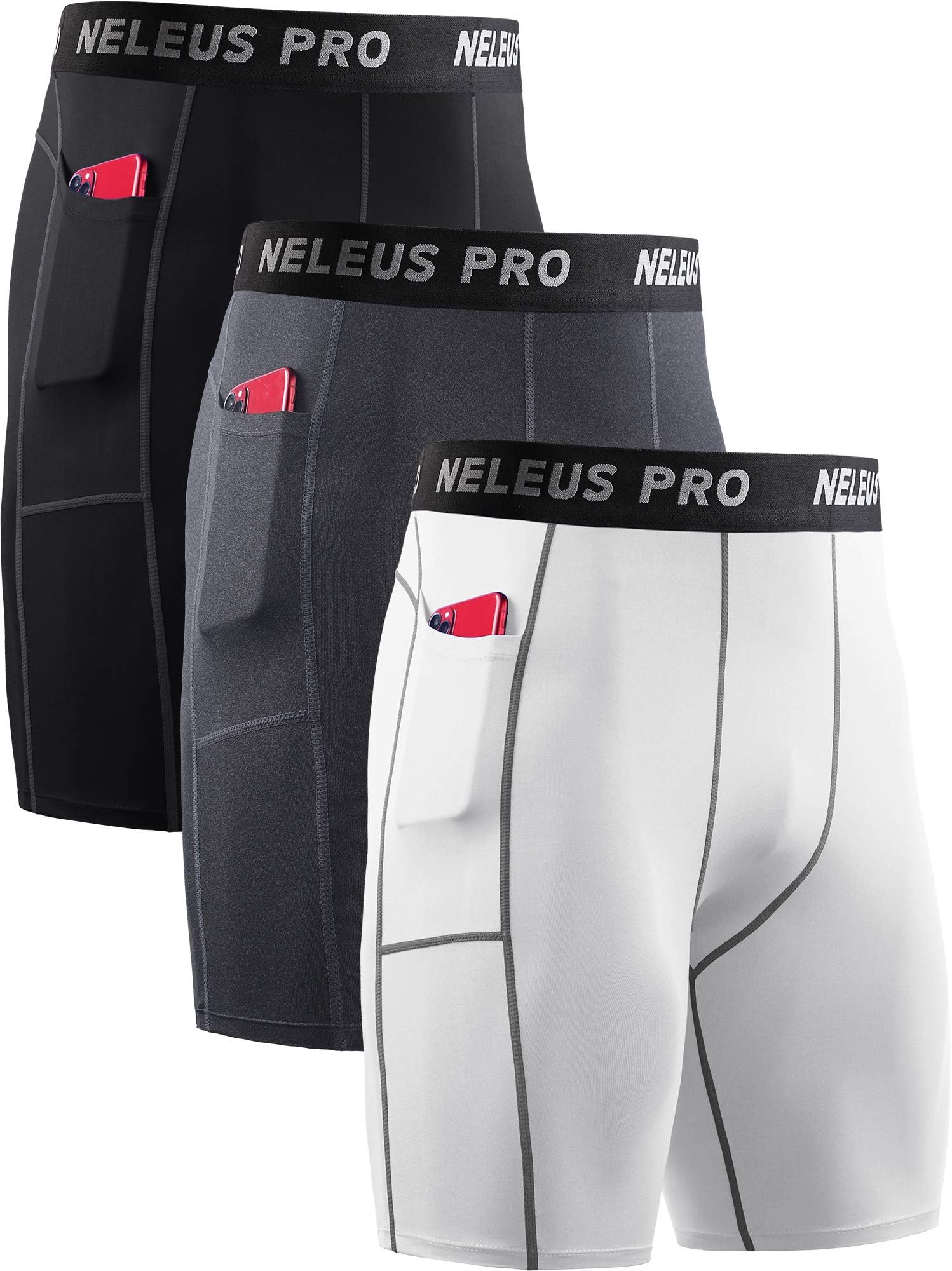 NELEUS Men's Compression Short with Pocket Dry Fit Yoga Running Shorts Pack of 3