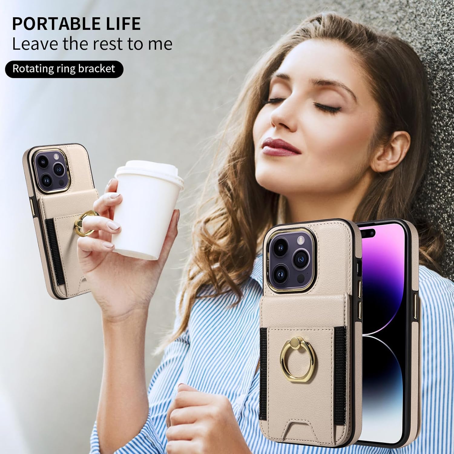 for iPhone 14 Pro Wallet Case with Credit Card Holder and 360° Rotation Ring Stand, RFID Block Flip Leather Shockproof Cover for iPhone 14 Pro-Beige - Image 7