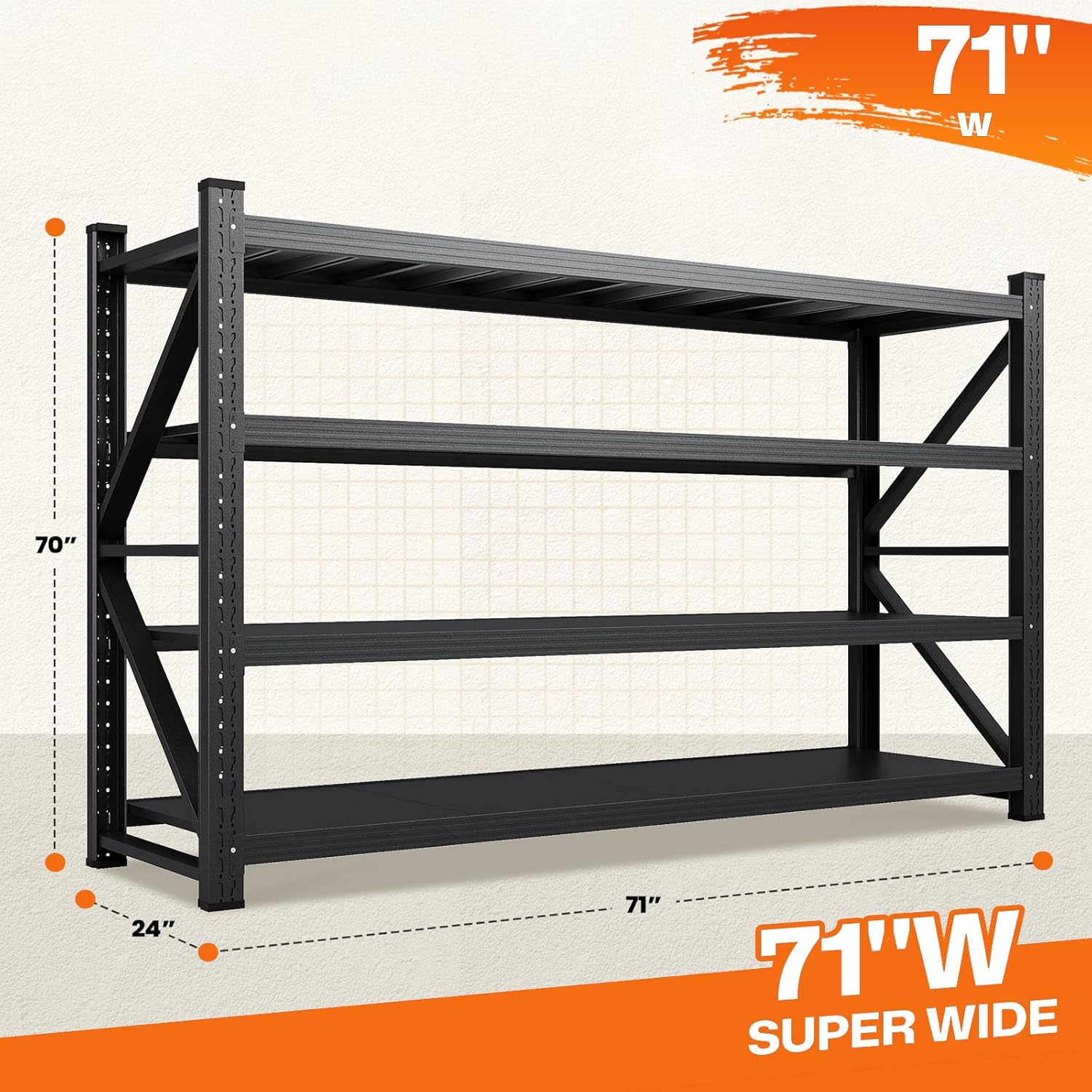 71”W Garage Shelving Units,5000LBS Storage Shelves,Garage Shelving Heavy Duty Metal Adjustable Shelves,Metal Shelving Rack,4Tier Large Tall Industrial Shelving for Warehouse,Pantry (71" W*24" D*70" H)