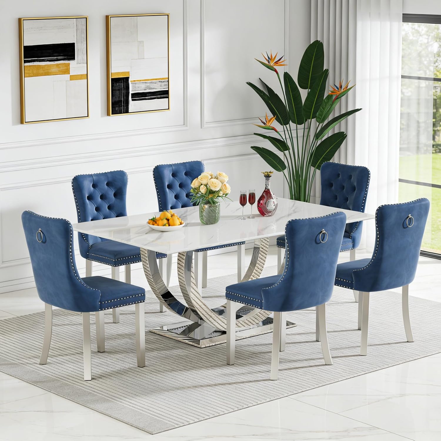 Amazon.com - Goujxcy 7-Piece Faux Marble Dining Table Set for 6, Luxury ...