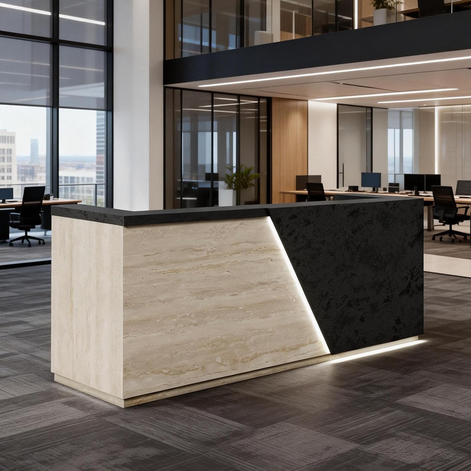 Reception Desk with Counter for 2 Person, Privacy Counter Design Modern Front Desk with Dual Keyboard Trays & Cable Grommets, LED Light Strip, Drawer & Cabinet, for Office Lobby (Left, 86.6 IN)