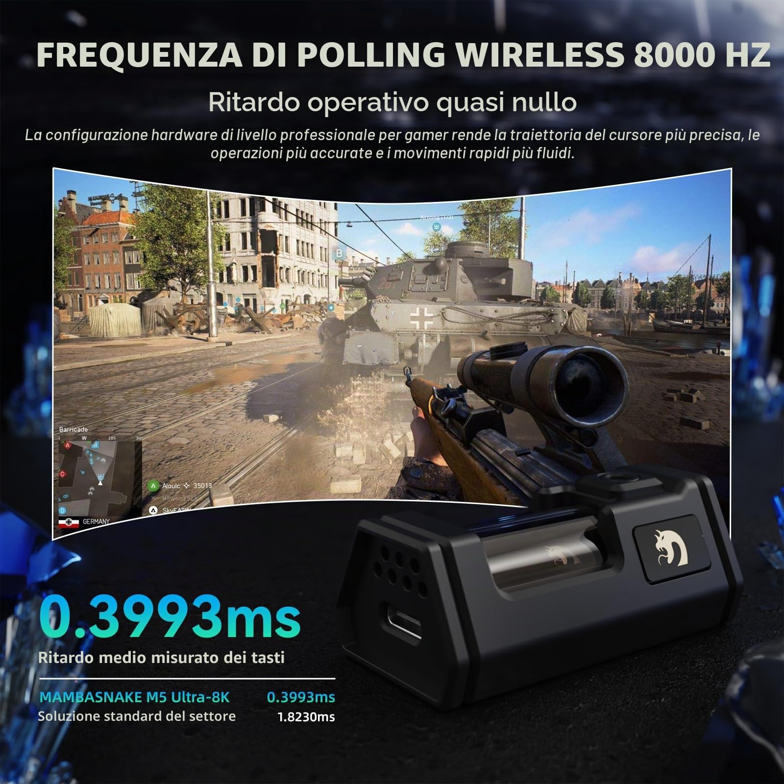MAMBASNAKE M5 Ultra Carbon Fiber Mouse da Gioco Wireless 8000Hz con Fino a 42000 DPI, 39g Ultraleggero, Sensore PAW3950MAX, Chip Nordic 52840, 2,4GHz Wireless/BT/Cablato, per PC/Xbox/PS/Mac - Bianco A
