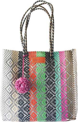 Maya Bolso de mano tejido, bolso de playa multicolor, bolso de plástico reciclado ecológico, resistente al agua, hecho a mano por artesanos - Bolso
