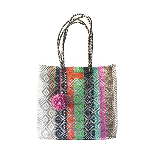 Maya Woven Tote Bag, Multi-Color Beach Bag, Eco-Friendly Recycled Plastic Handbag, Water-Resistant, Handcrafted by Artisans – Spacious & Durable