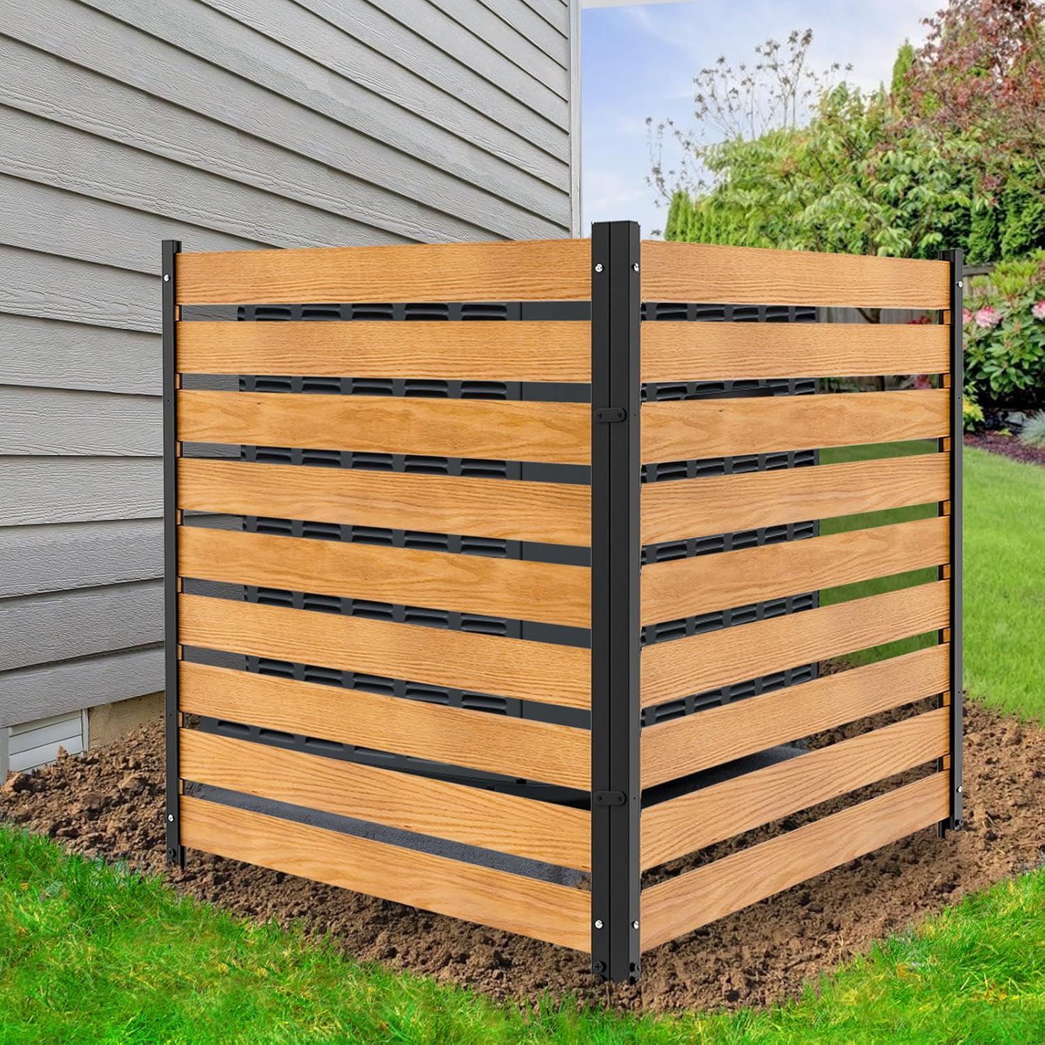 DoCred Air Conditioner Fence, 2-Panel Pool Equipment Enclosure, 36" W x 44" H Privacy Screens Fence Panels with Metal Stakes, Wood Trash Can Fence Privacy Fence Panels for Outside