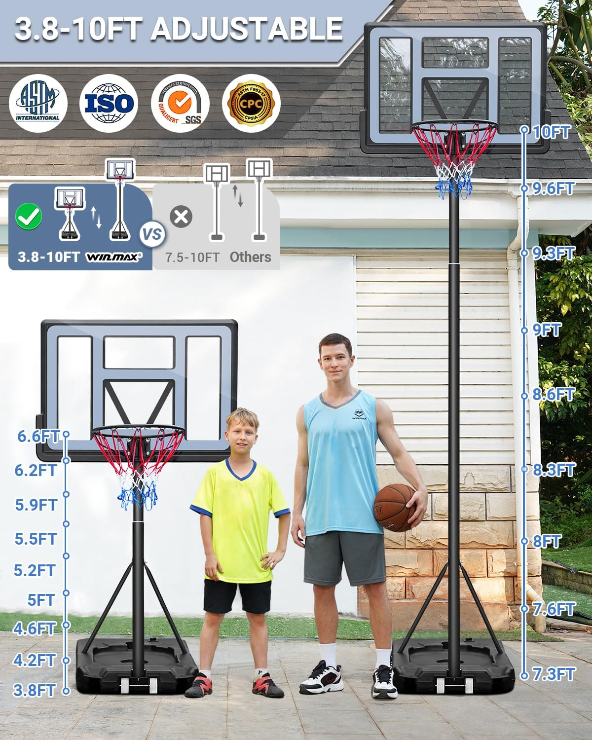 WIN.MAX Basketball Hoop Outdoor 3.8-10ft Adjustable Height, 44inch Backboard, Swimming Pool Basketball Hoop & Goal for Kids Adults Indoor