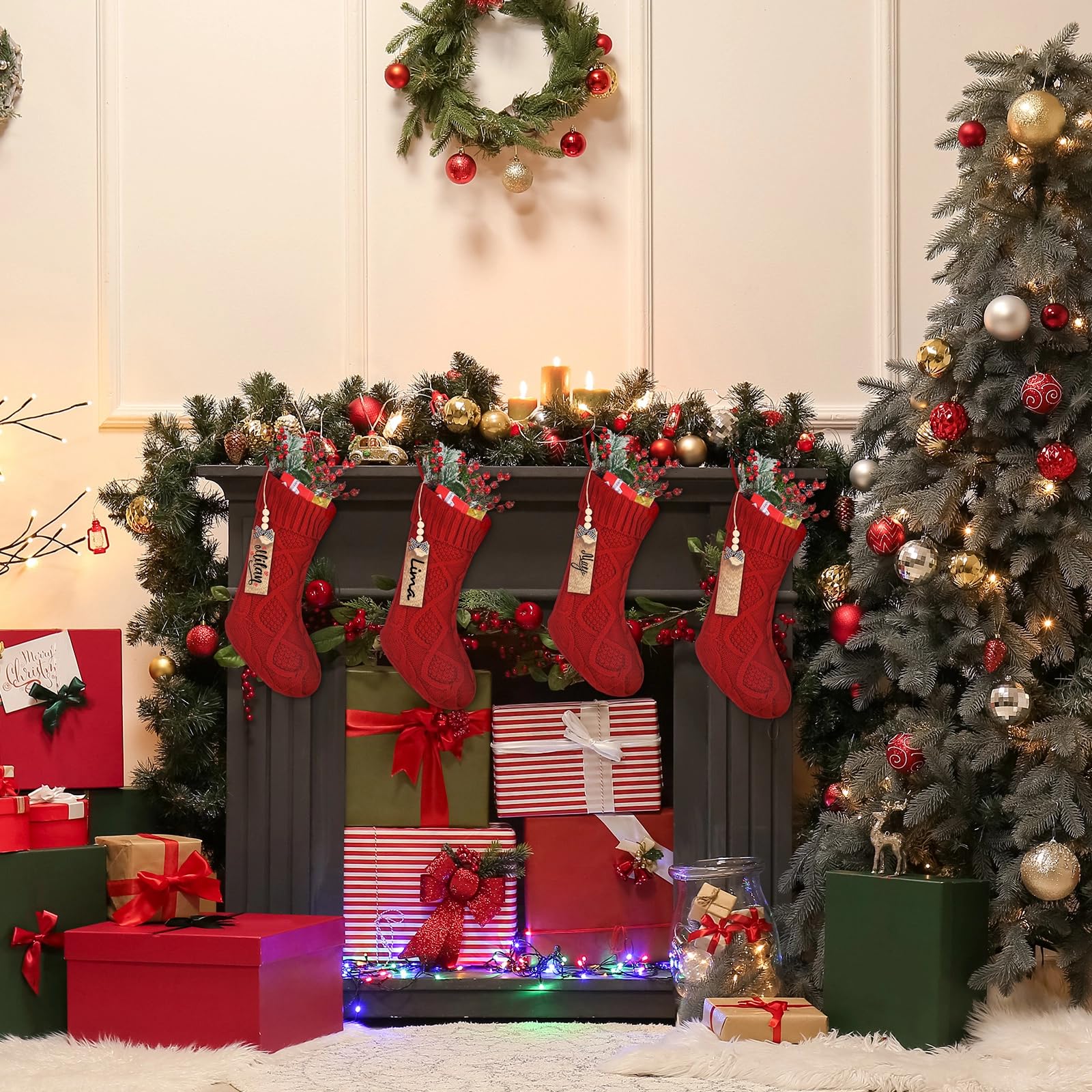 Cozypower Weihnachtsstrümpfe mit Namensschild, 45,7 cm, große Zopfstrickstrümpfe, Weihnachtsstrumpf, Kamin, hängende Strumpf, Geschenktüten für Kamin, Weihnachtsbaumschmuck, Rot, 4 Stück