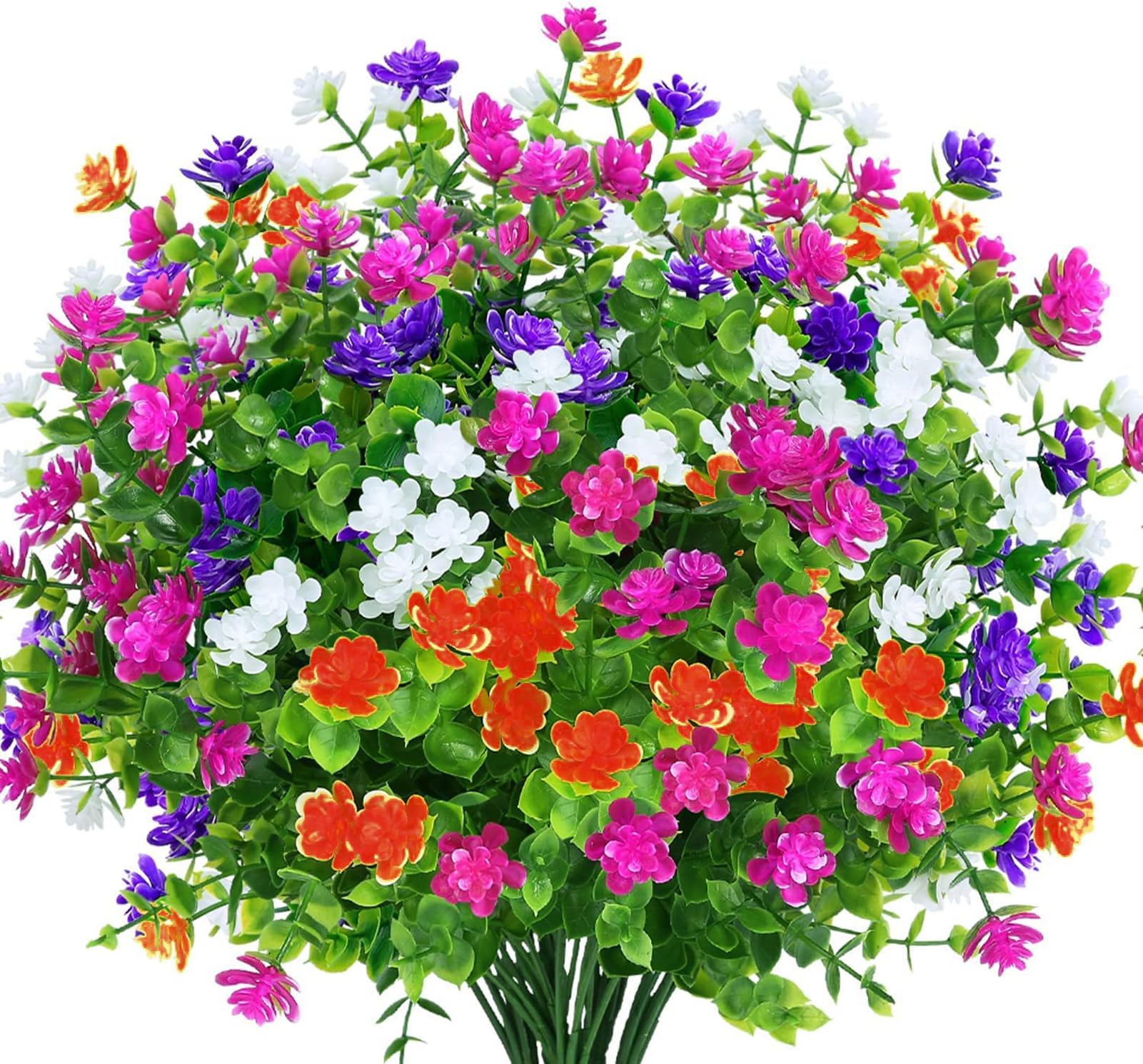 Toprooms 12 Bundles Artificial Flowers,Artificial Plants Outdoor UV Resistant Shrubs Plants for Hanging Planter Faux Plants Home Garden Wedding Porch Window Decor (Artificial flowers 4colors)