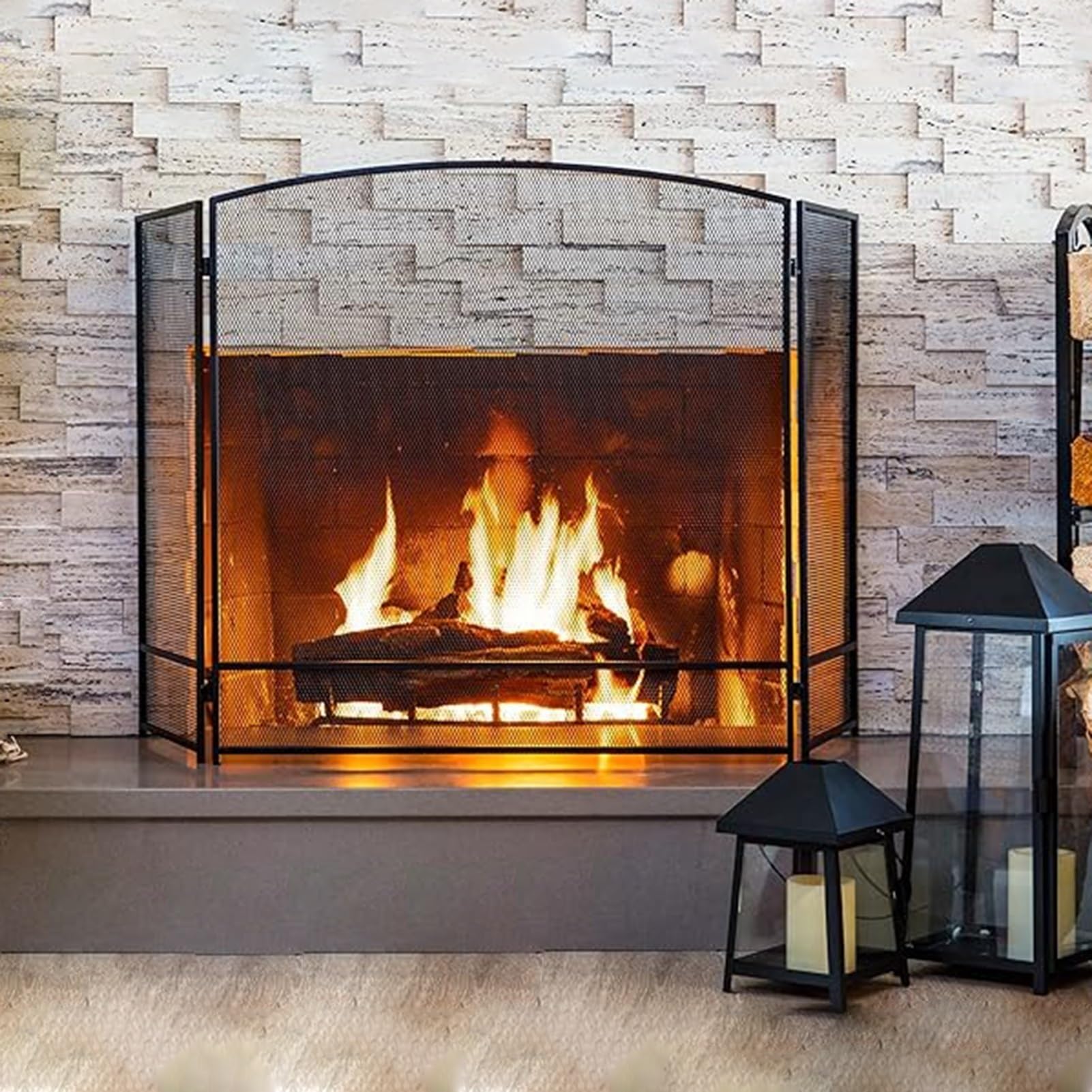 Salvachispas Chimenea Mamparas de Chimenea Plegables de 3 Paneles para Estufas de Leña, Malla Protectora Contra Chispas de Hierro Forjado para Interior y Exterior, Cubierta Protectora para Chimenea