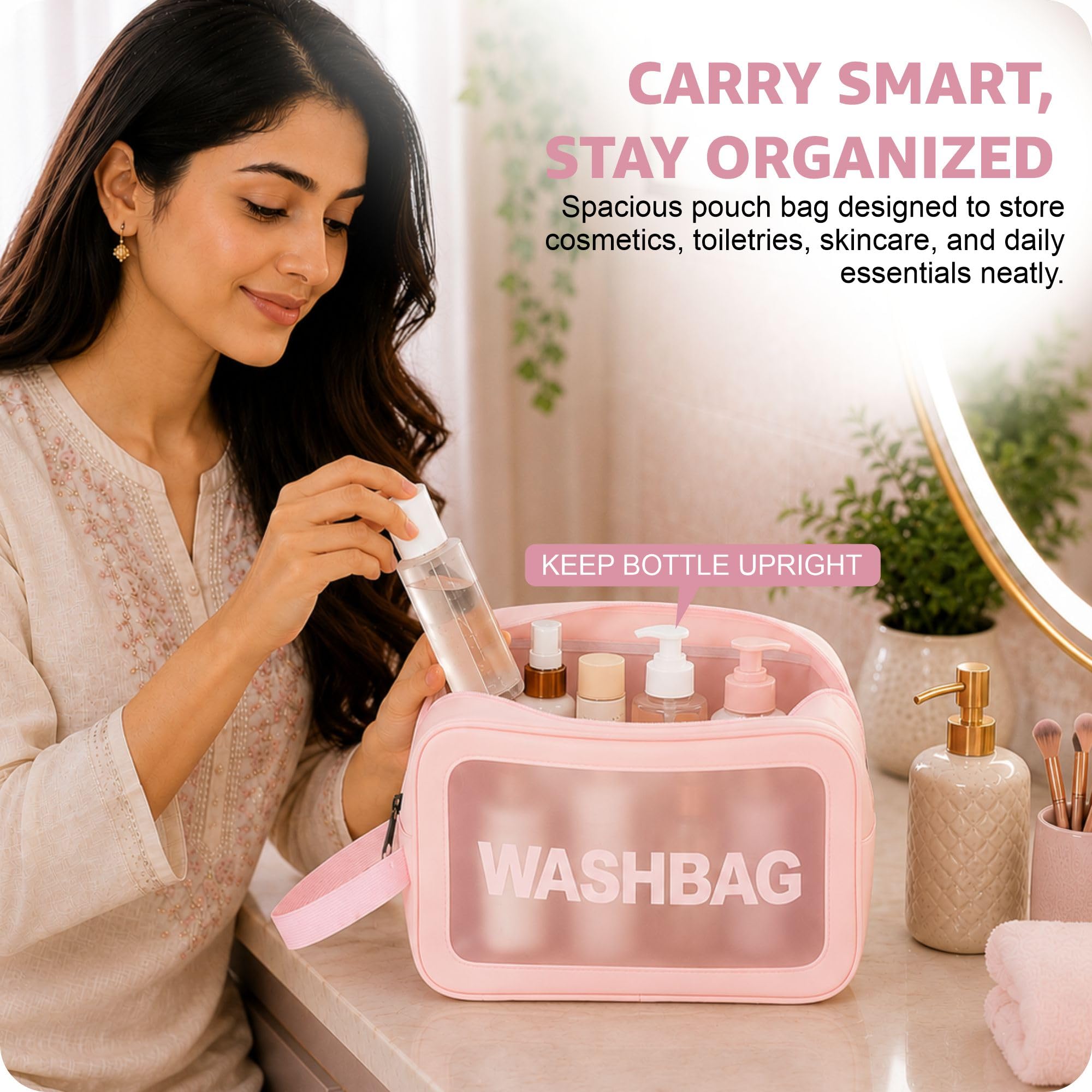 FLYNGO Set di trousse trasparenti per trucchi, organizer per cosmetici per donne e ragazze, kit da viaggio impermeabile per articoli da toeletta, Set di 3 LIght Rosa, Accessori da viaggio