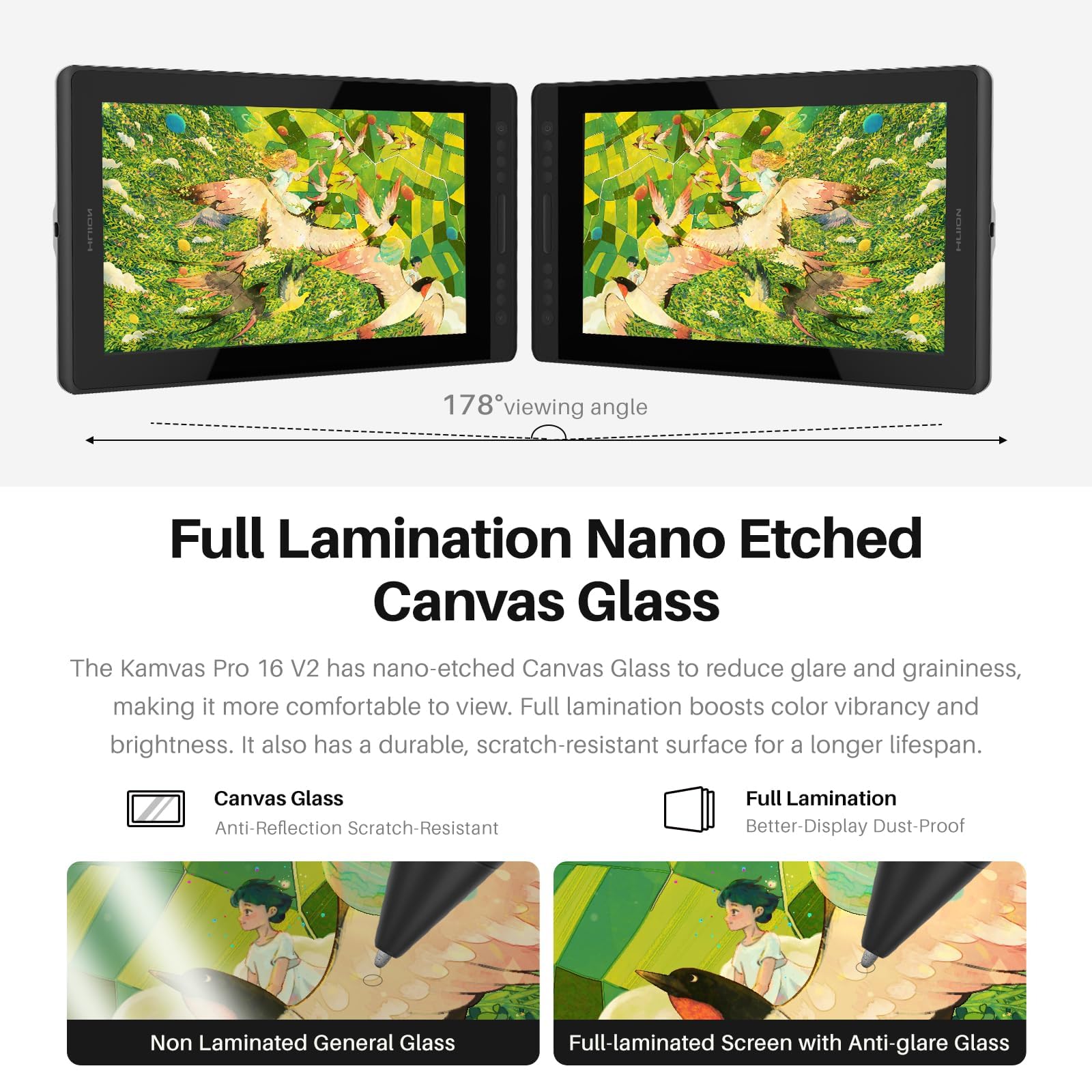 HUION Kamvas Pro 16 V2 Tavoletta Grafica con Schermo, PenTech 4.0, vetro AG completamente laminato da 15,6 pollici, 16384 Pressione Penna, copertura sRGB al 99%, compatibile con Windows e Mac.