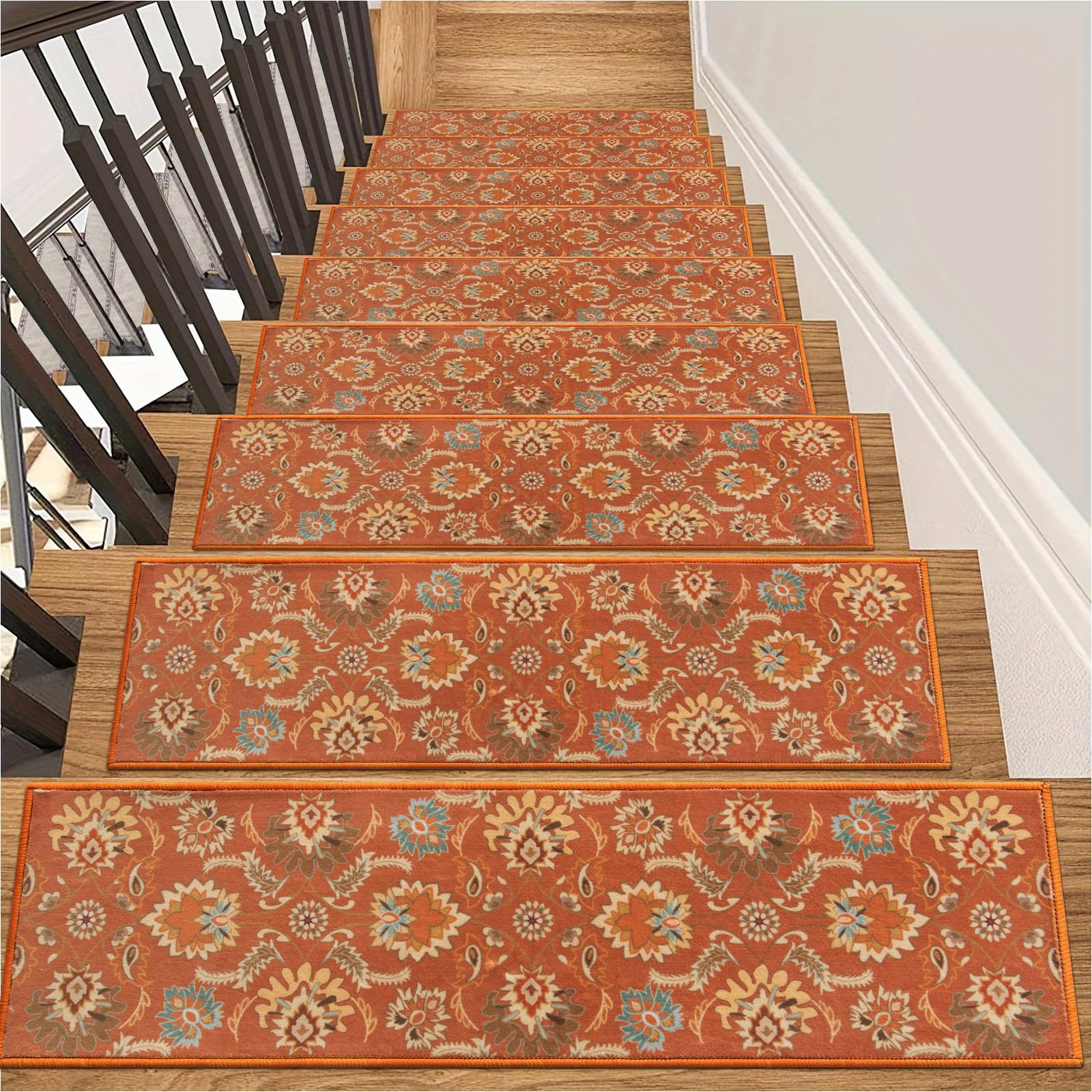 Lahome Carpet Stair Treads Non Slip Backing, 15 Pack 8" X 30" Stair Treads for Wooden Steps Indoor, Soft Washable Stairway Stair Runners Oriental Staircase Rugs for Kids Pets Elders(15pc, Orange)