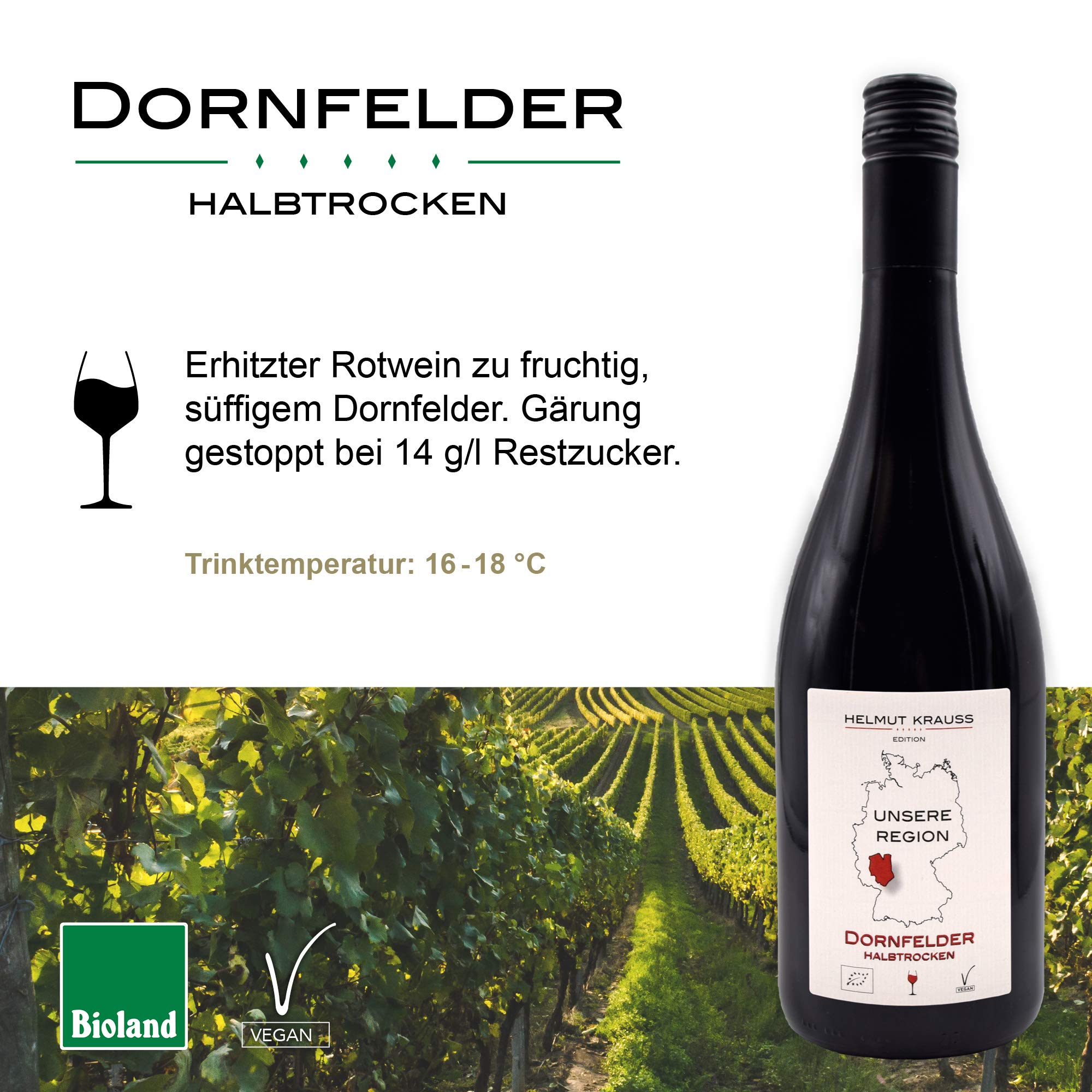 Weingut Krauss Zellertal – Bio Dornfelder Rotwein halbtrocken (2020, 6x 0,75 l) I 12,5 % vol I vegan I Bioland-zertifiziert (DE-ÖKO-039)