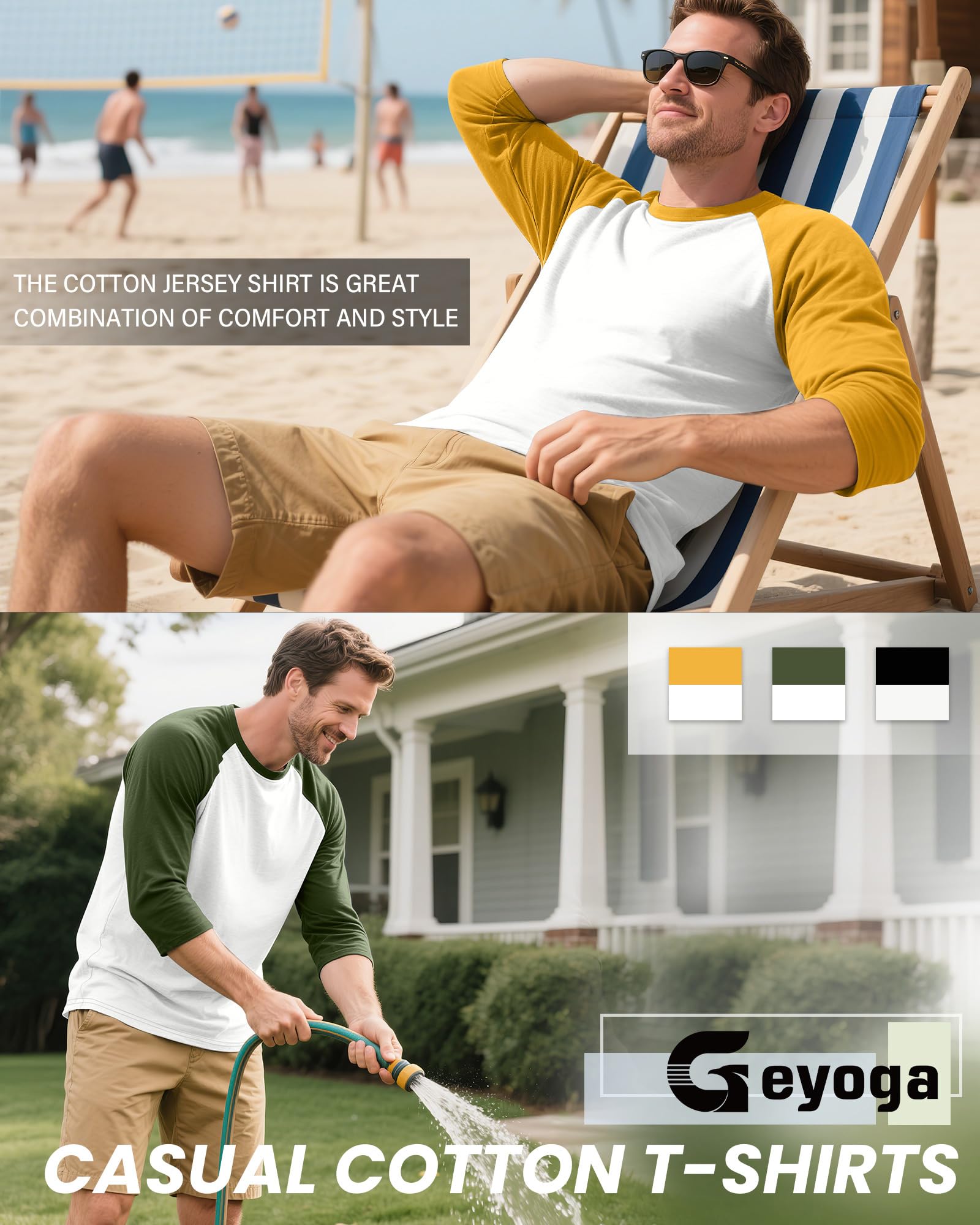 Geyoga Confezione da 3 Magliette da Uomo A Manica 3/4, Girocollo, Stile Baseball, Traspiranti E Sportive