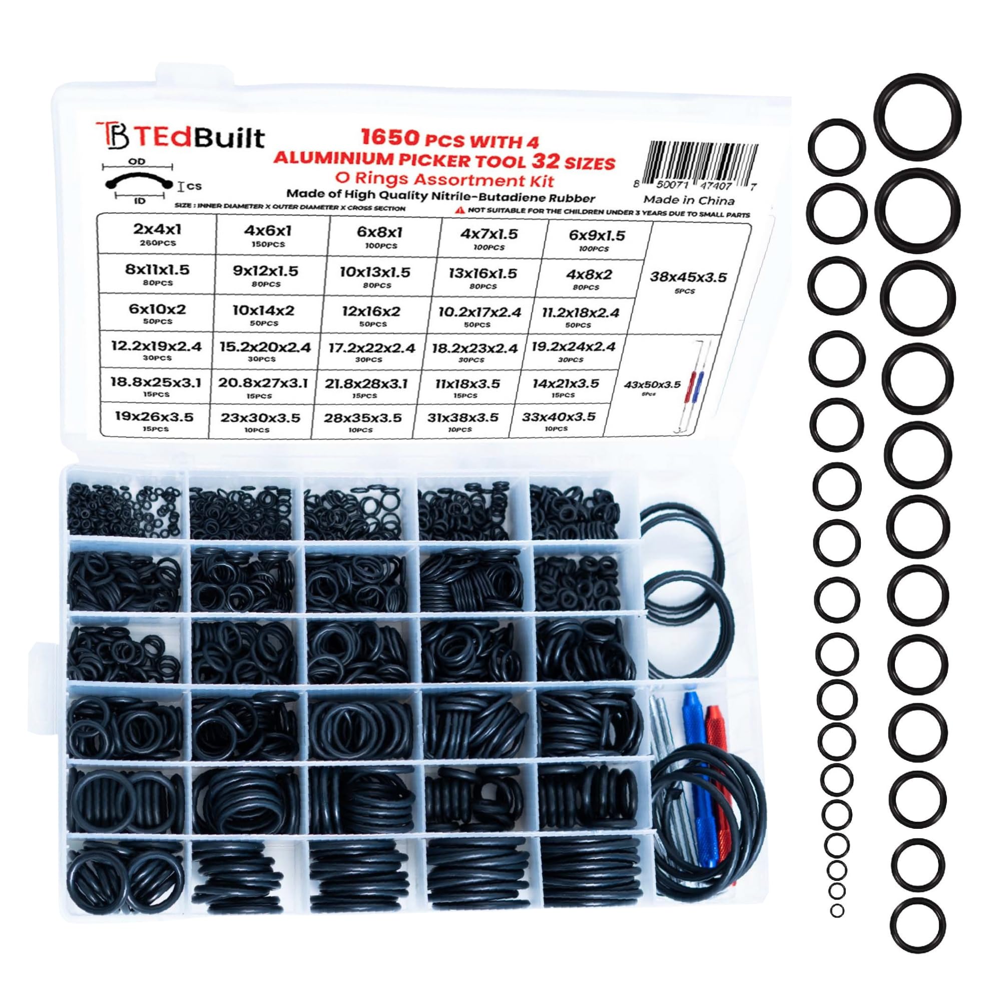 Tedbuilt O Ring Assortment Kit – 1650PCS (32 Sizes) + 4 Picker Tools – Rubber O Rings for Plumbing, Automotive & Repair – Nitrile Material, Oil &
