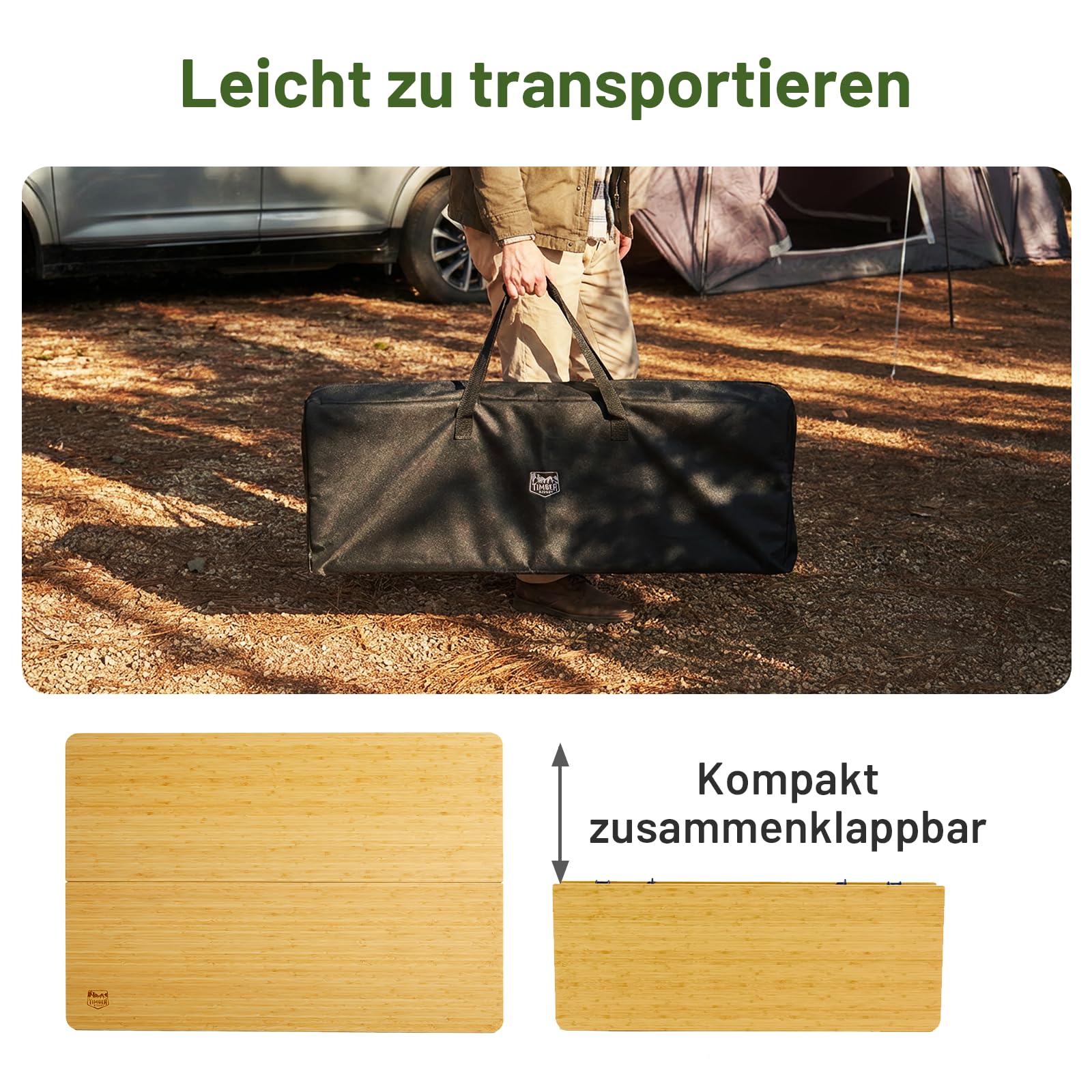 TIMBER RIDGE Campingtisch Klappbar Bambus Klapptisch Höhenverstellbar 53-70cm Aluminiumrahmen Gartentisch mit Tragetasche 100x70 cm für Garten Picknick Balkon Wohnmobil