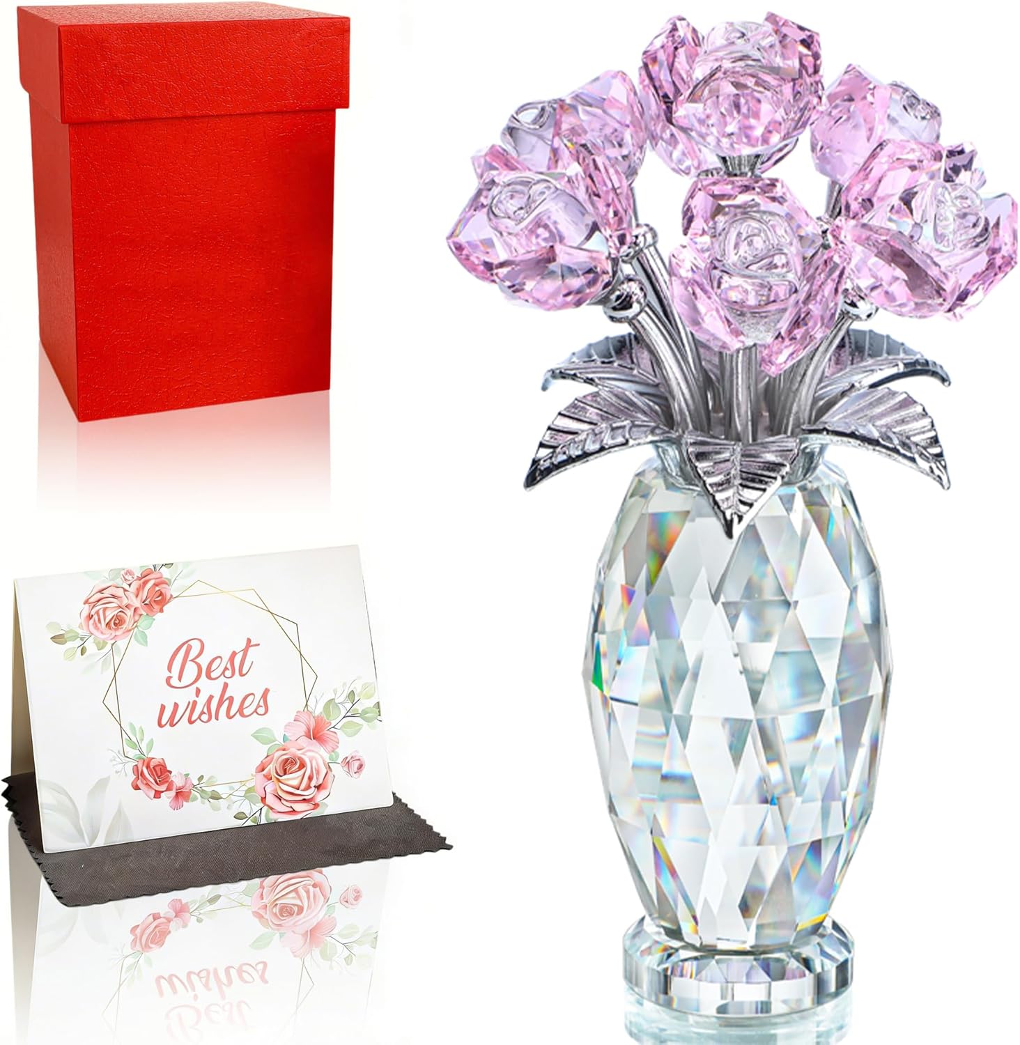 5.3in Handmade Pink Crystal Rose Flowers Art Glass Flowers Figurine Home Office Mother's Day Anniversary Birthday Gifts for Women, Wife, Lover