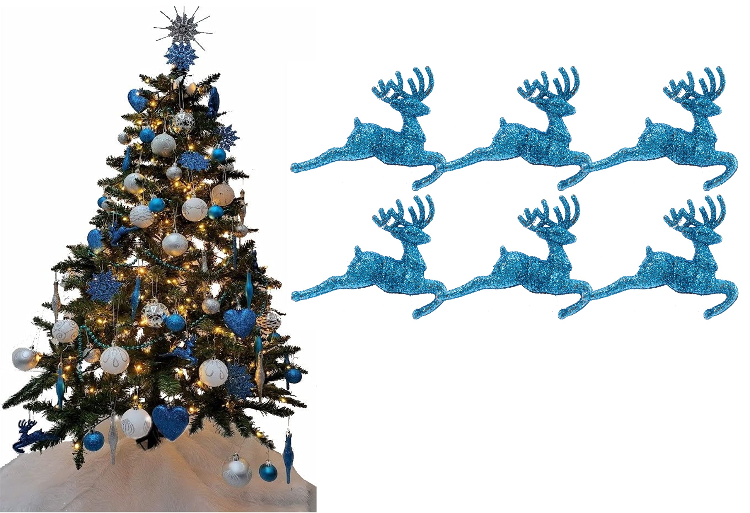 Simply Products Turquoise Pack Of 6 - Hanging Glitter Reindeer Christmas Tree Decorations - 2.2Cm X 9.5Cm (Turquoise)