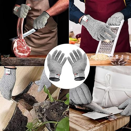 Miniatura 5 de Cuchillo de acero inoxidable con mango de madera, 2 pares de guantes resistentes a cortes de nivel 5, abridor de ostras para mariscos