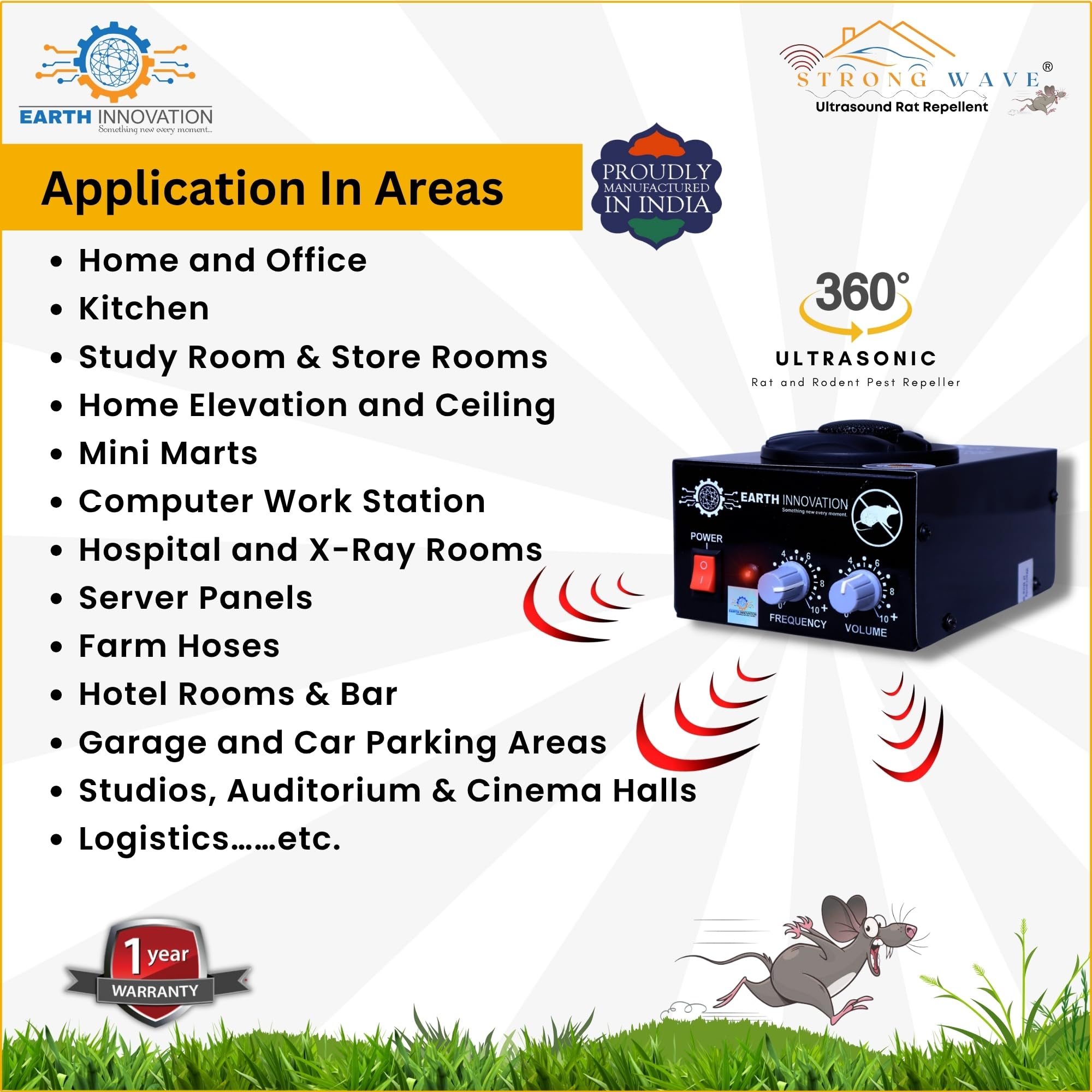 Earth Innovation™ Ultrasonic Sound Rat and Rodent 6th Generation Pest Repeller Device use for Home, Office, Storeroom, Restaurant Kitchen, Store, Hotel Rooms, Car Parking Area Etc. (Black - 1500 SQ) 2