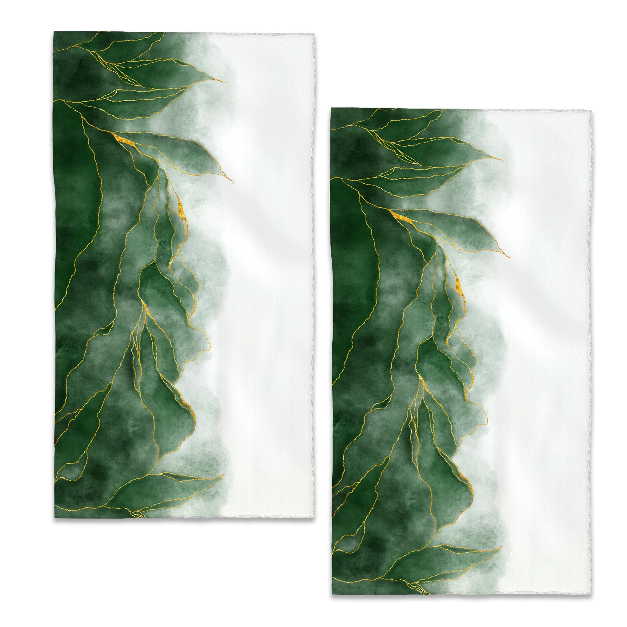BIGXIUKA Golden Green Marble Hand Towels Abstract Lines Bath Towel Set of 2 Soft Kitchen Dish Towels Decorative Bathroom Face Towels for Guest Gym