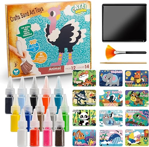 Kits de arte de arena para niños, 29 piezas de pintura de arena de colores, juguetes de manualidades y manualidades, 12 hojas de arte de arena de