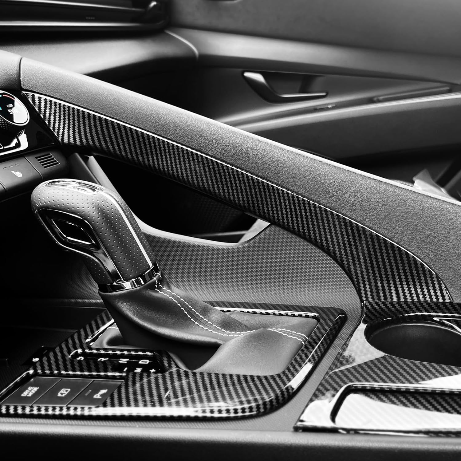 Pattern ABS Car Handbrake Water Cup Holder Engine Button Gear Shift Air Control Panel Trim Cover Protector Compatible with Hyundai Elantra CN7 N Line LHD Accessories (Carbon Fiber Style)