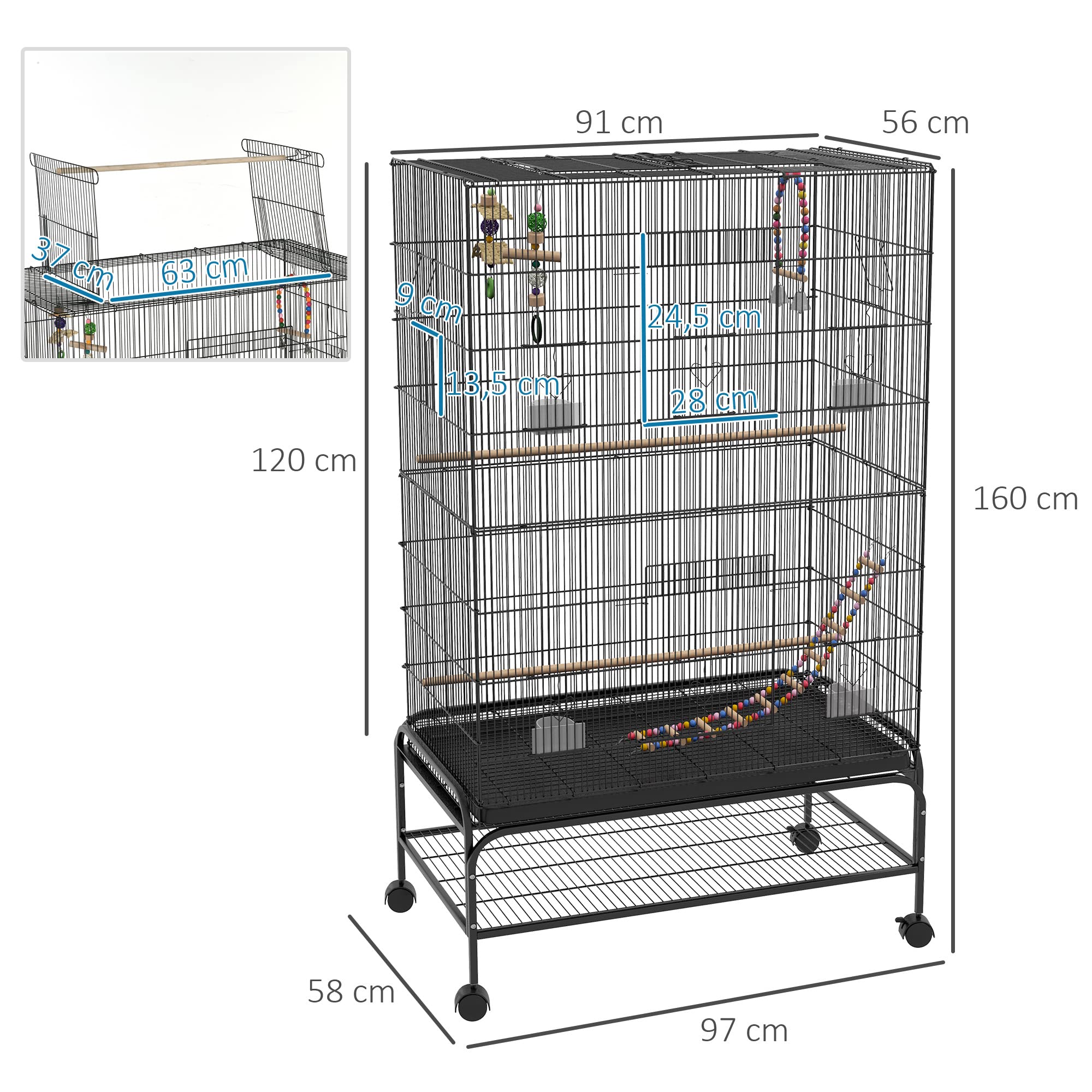 Pawhut Jaula para Pájaros Grande con Ruedas para Loros 97x58x160 cm Negro | Comederos, Perchas, Estante Inferior, Bandeja Extraíble, Pajarera, Columpio y Escalera, Canarios