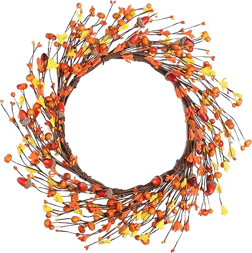 Corona de otoño para puerta delantera, corona de calabaza de otoño, corona de bayas para puerta delantera, decoración de granja, corona naranja de