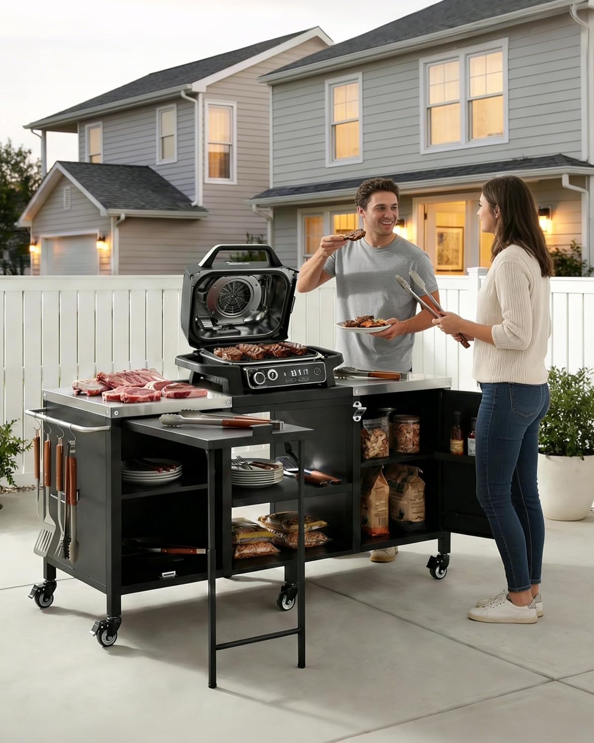 Outdoor Grill Cart with Stainless Steel Tabletop and Storage Cabinet, 72.4" Mobile Metal Kitchen Island with Adjustable Shelf & Fold-Out Prep Table for Egg Grills and Tabletop Grills, 72.4"
