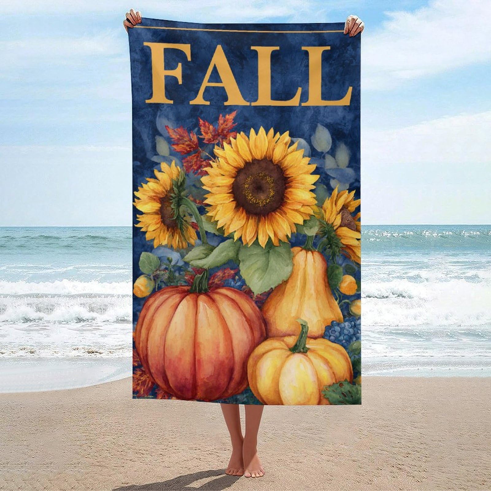 asbwuo Sunflowers Pumpkins Gourds with Word Fall Beach Towel