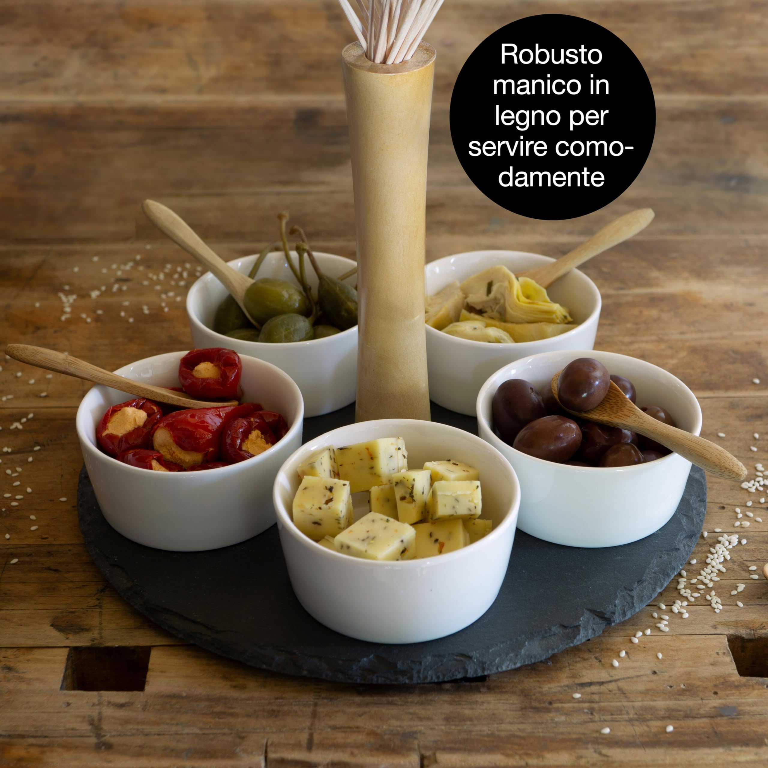 ROMINOX Tre Arbo, set decorativo a forma di abete, 3 ciotole in ceramica su tavola di bambù, per la presentazione di snack, biscotti o salse, circa 30,5 x 21,5 x 4,5 cm