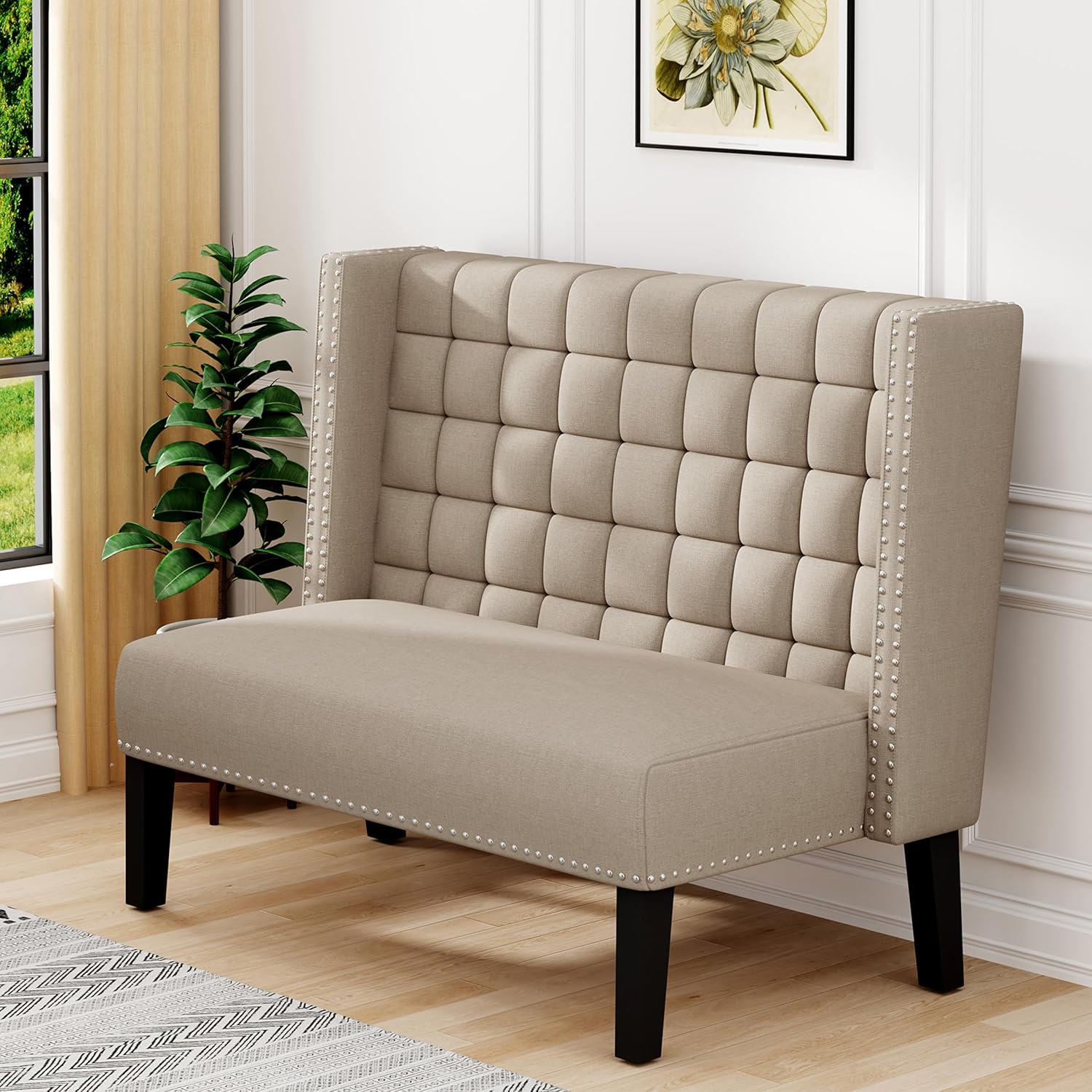 Yongqiang Modern Tufted Loveseat Settee, Upholstered Bench with Back for Kitchen Dining Room Living Room, Linen High Back Banquette Seating Sofa Couch with Wood Legs Grey