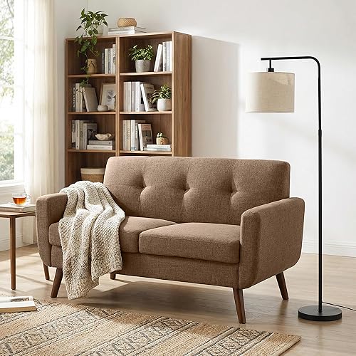 Vista 19 de Tbfit Sofá moderno de mediados de siglo, beige, sofá biplaza y silla decorativa linen fabric, button tufted, solid wood foot, pocket spring, wood