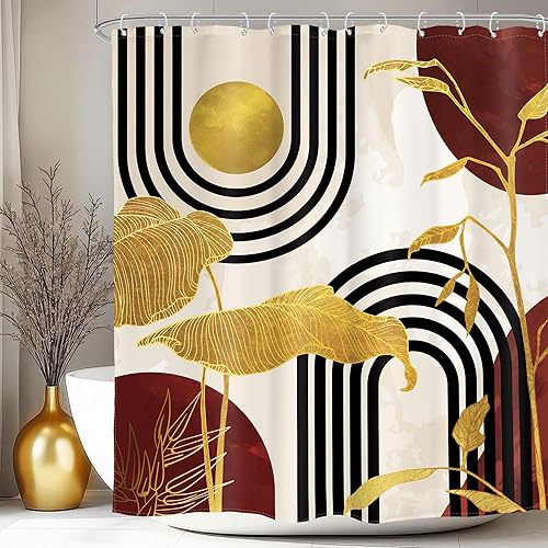 Glawry Cortina de ducha abstracta roja de mediados de siglo, estilo bohemio, retro, tropical, palmera, planta, minimalista, arco solar, baño,