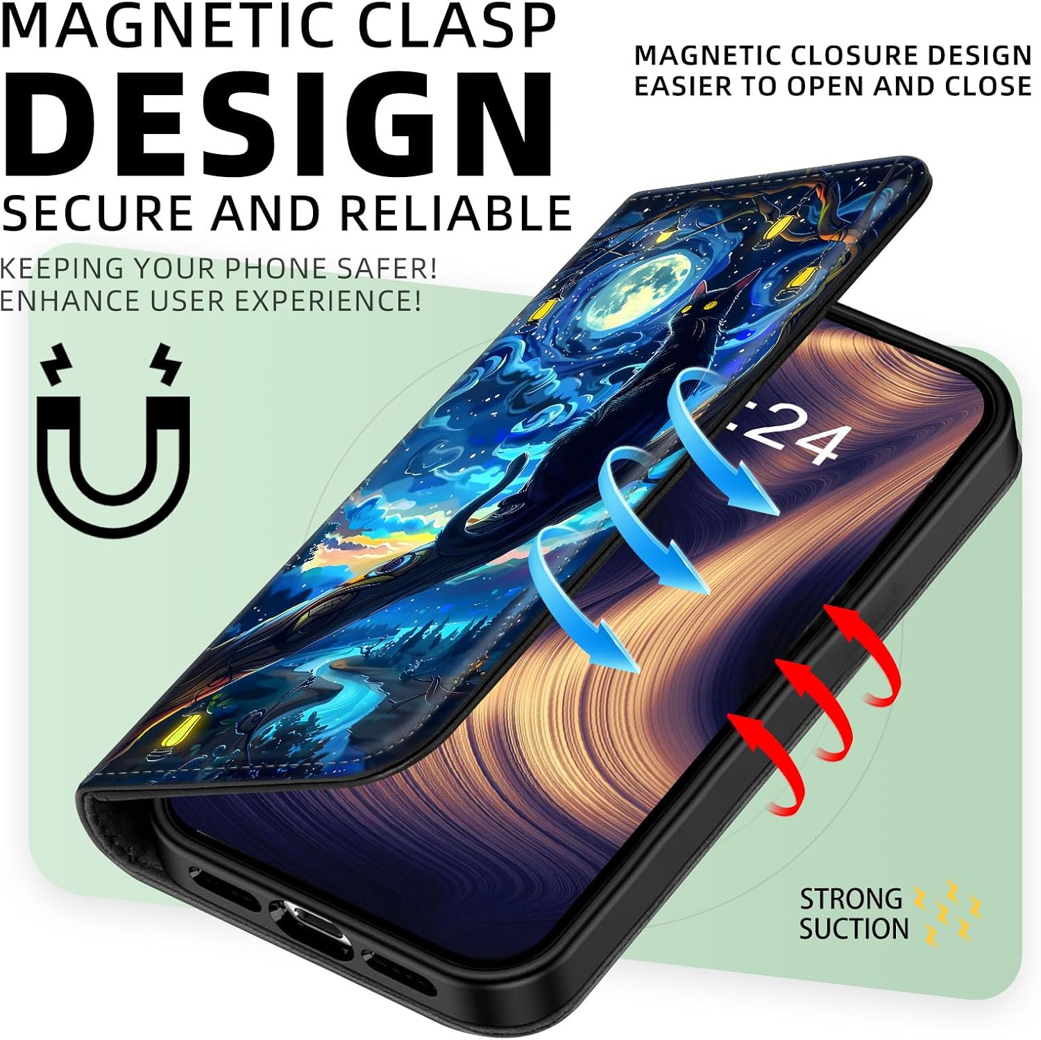for iPhone 17 Pro Phone Case, Flip PU Leather Kickstand Shockproof Phone Cover for iPhone 17 Pro, Phone Wallet with Card Holder Slot and Magnetic Clasp, Starry Night Cat