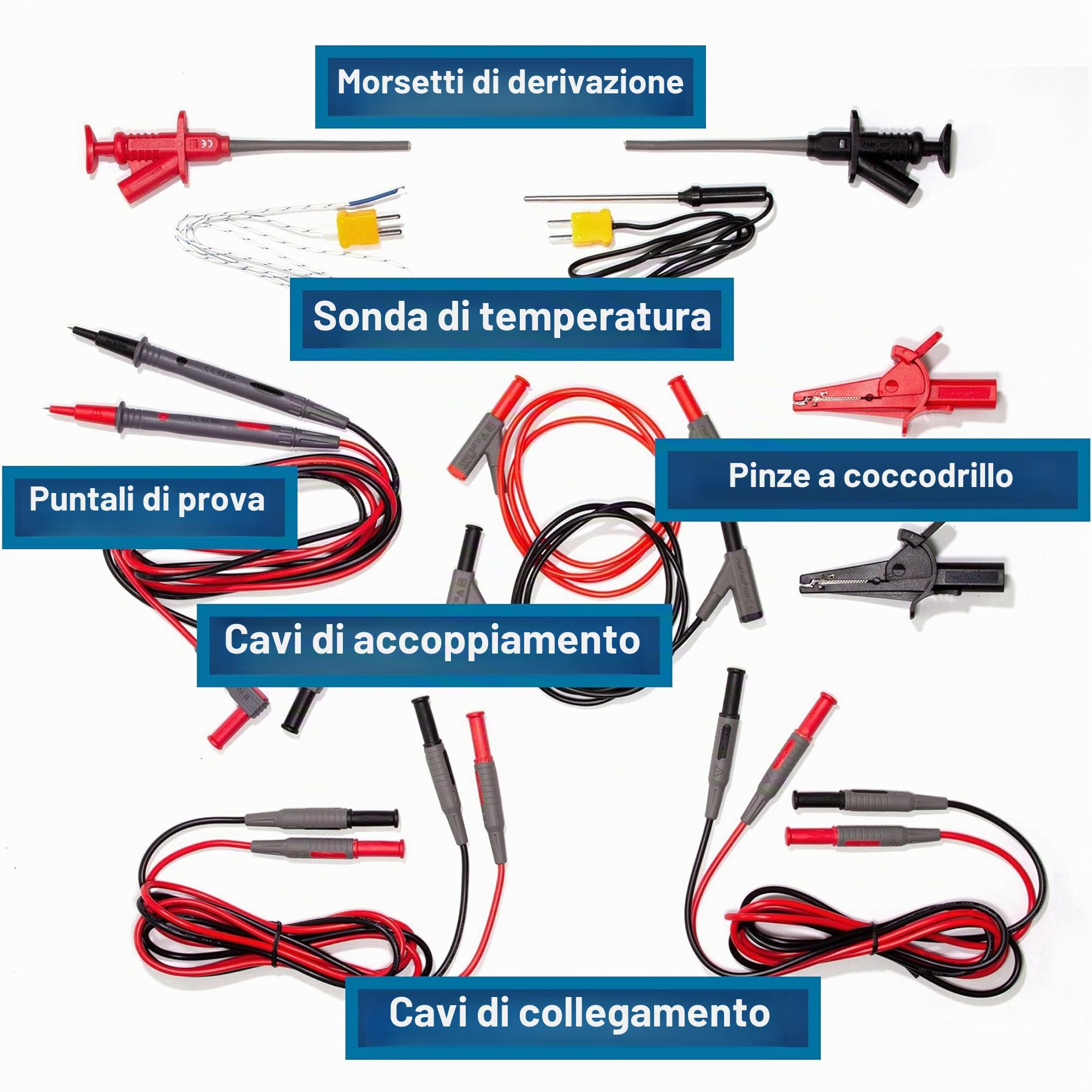 Peaktech P 8200 - Set di Accessori di Misurazione per Multimetro Digitale, Cavi di Prova, Cavi da Laboratorio, Clip a Coccodrillo - 14 Pezzi, Borsa Inclusa