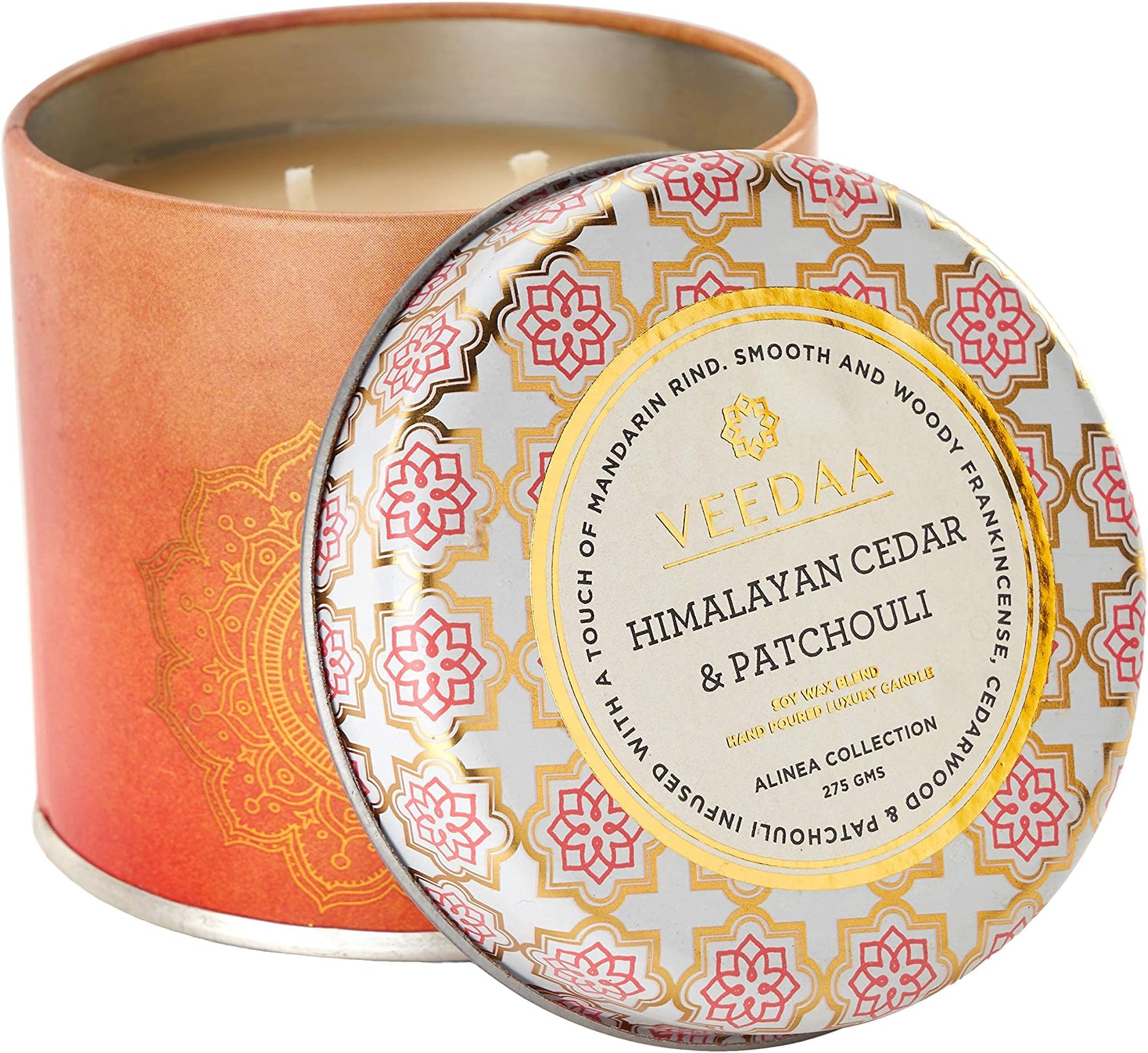 VEEDAA Soy Wax Blend, Essential Oils, Metallic Himalayan Cedar & Patchouli Mason Tin Soy Scented Candle (Burns 25 Hours)
