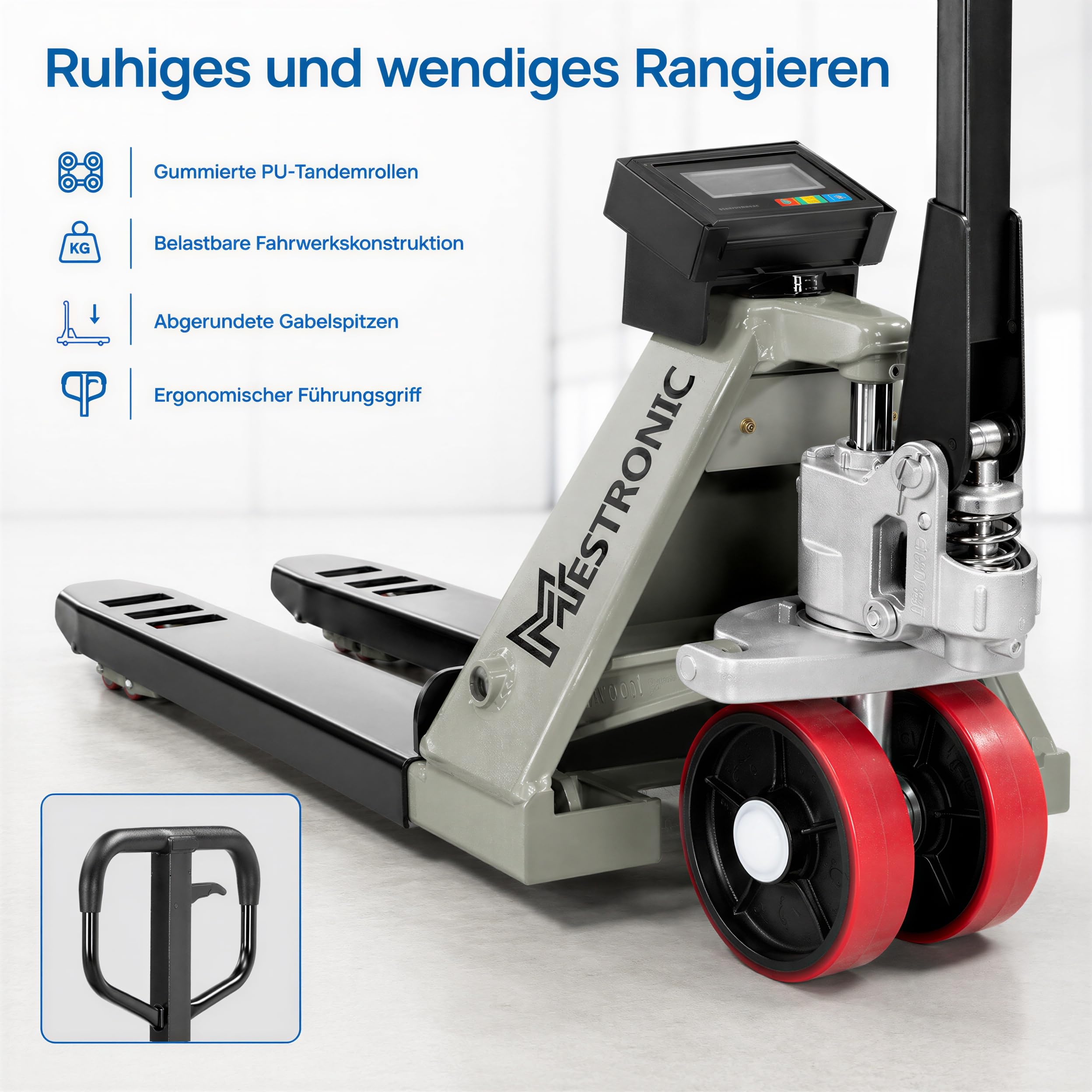 WKA Wiegehubwagen WH-2500 Plus, 2500 kg, 200 g, Hubwagen mit Waage | 2.500 kg Tragkraft, 200-g-Anzeigeschritt, 4 DMS-Wägezellen, Akku, LCD, Tara, Summieren, PU-Tandemrollen