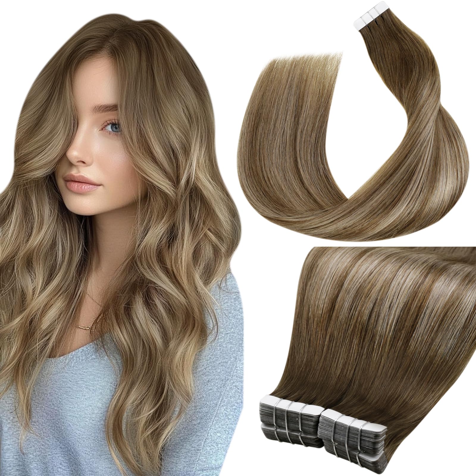 LaaVoo Tape in Hair Extensions Human Hair 100g Tape Hair Extensions Real Human Hair Balayage Light Brown to Blonde Invisible Tapes Remy Straight Hair Double Sided Tabs 40pcs 22 Inch #8/16/8
