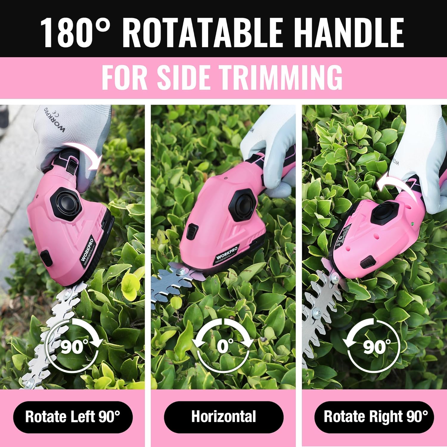 WORKPRO Pink Cordless Grass Shear & Shrubbery Trimmer - 2 in 1 Handheld Hedge Trimmer 7.2V Electric Grass Trimmer Hedge Shears/Grass Cutter 2.0Ah Rechargeable Lithium-Ion Battery - Pink Ribbon