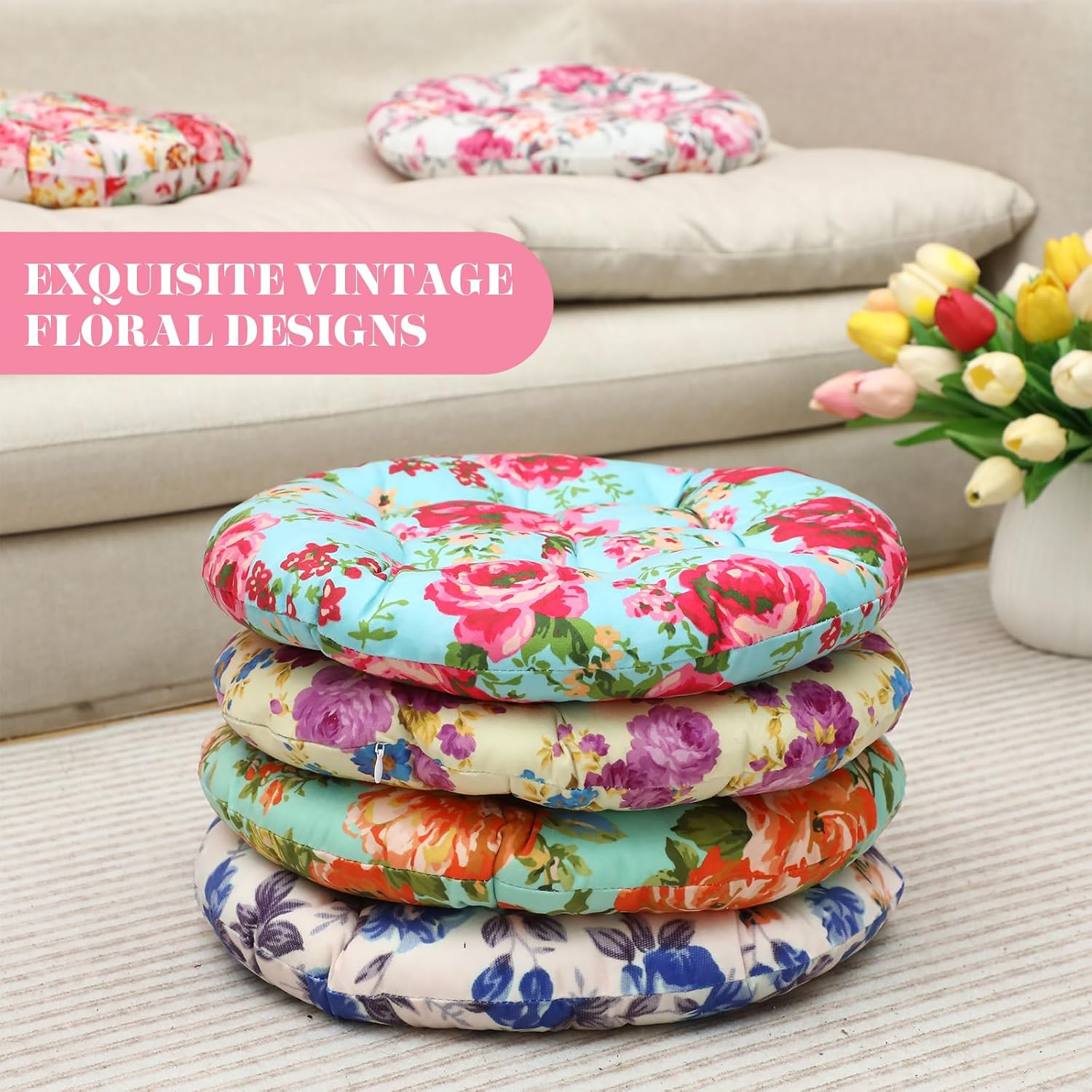 4 Pack Floral Floor Pillows Seating 15 Inch Round Floor Flower Seat Pillows Cushion for Floor Soft Yoga Mandala Meditation Pouf for Living Room Tatami Balcony Reading Cushion Vibrant
