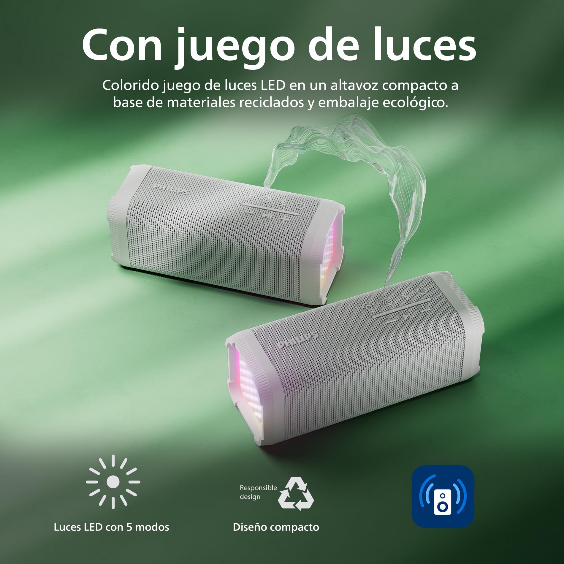 Philips TAS2000W Altavoz Inalámbrico Bluetooth con Juego de Luces LED, Bass+ de 20W, Auracast, 20h Reproducción, Resistencia Salpicaduras IPX5, Reproducción USB, Micro, Control por App – Blanco