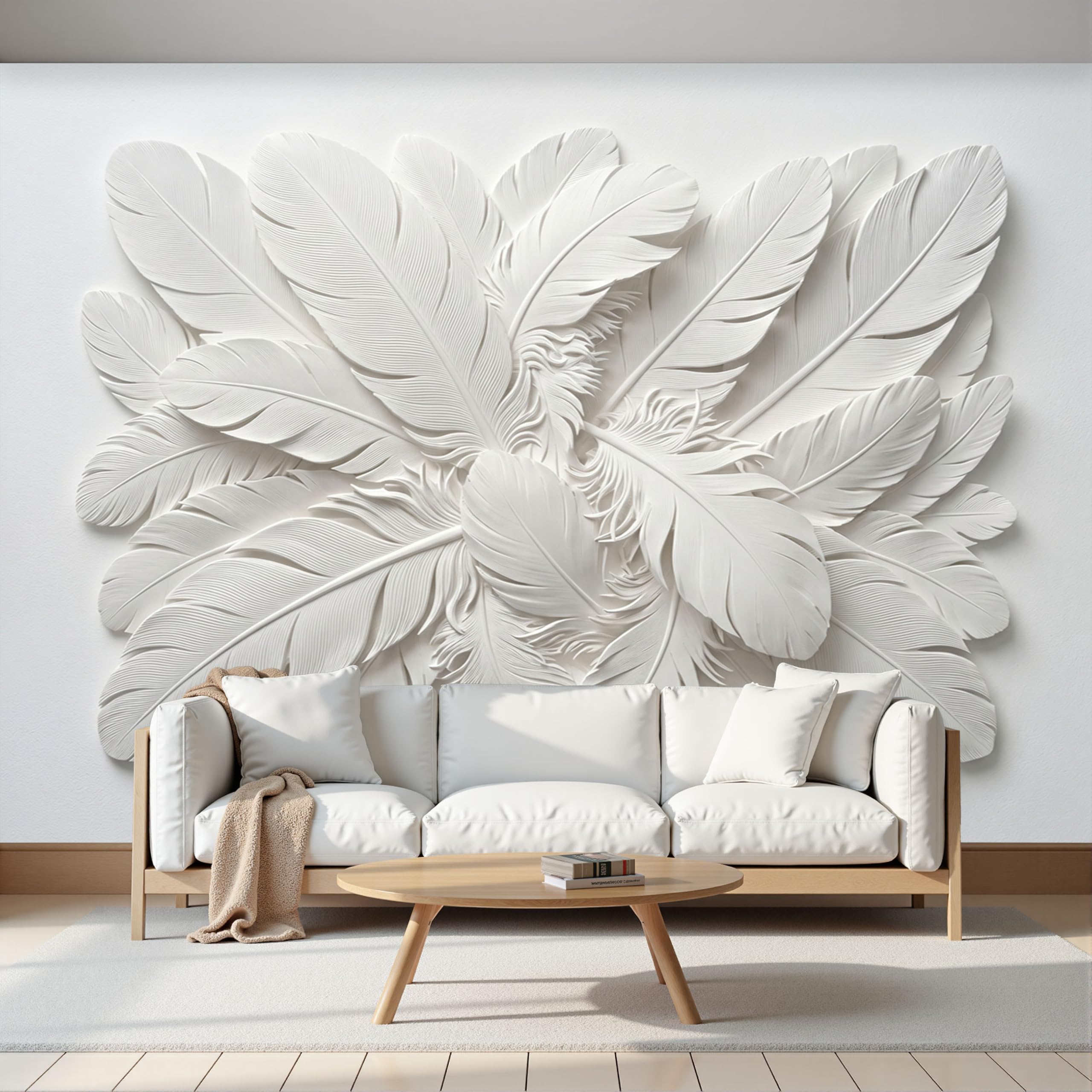 Fototapete Vlies Tapete 3D Effekt Fototapeten Minimalistisches 3D-Federrelief Vliestapete Einfarbige Federn Tapeten Creme Moderne Wandtapete, Wohnzimmer, Tv Hintergrund Deko, 250X175Cm (B×H)