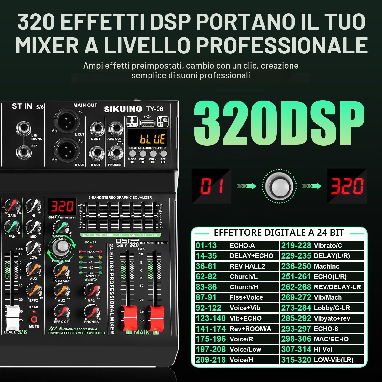 Mixer portatile a 6 canali, mixer audio professionale, 320 effetti DSP + equalizzatore a 7 bande, scheda audio Bluetooth + interfaccia USB, ideale per registrazioni PC, effetti karaoke e riproduzione